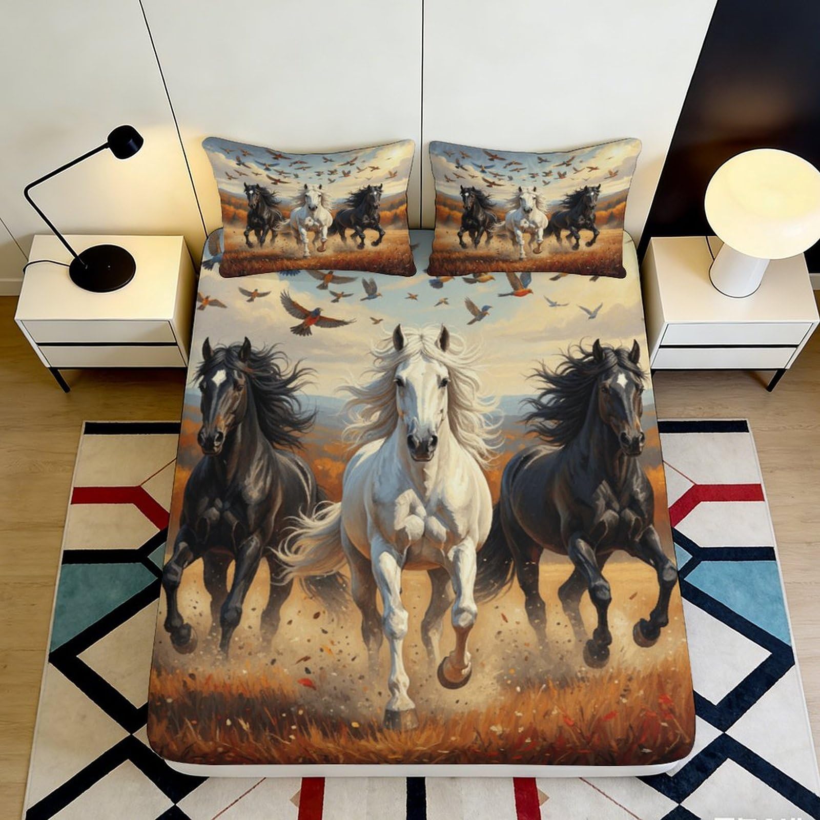3D Printed Running Horses Fitted Sheet Microfiber Soft Breathable Wild Horses Bed Cover for Bedroom Dormitory Guest Room Mattress Protection Decor 120x200x25cm