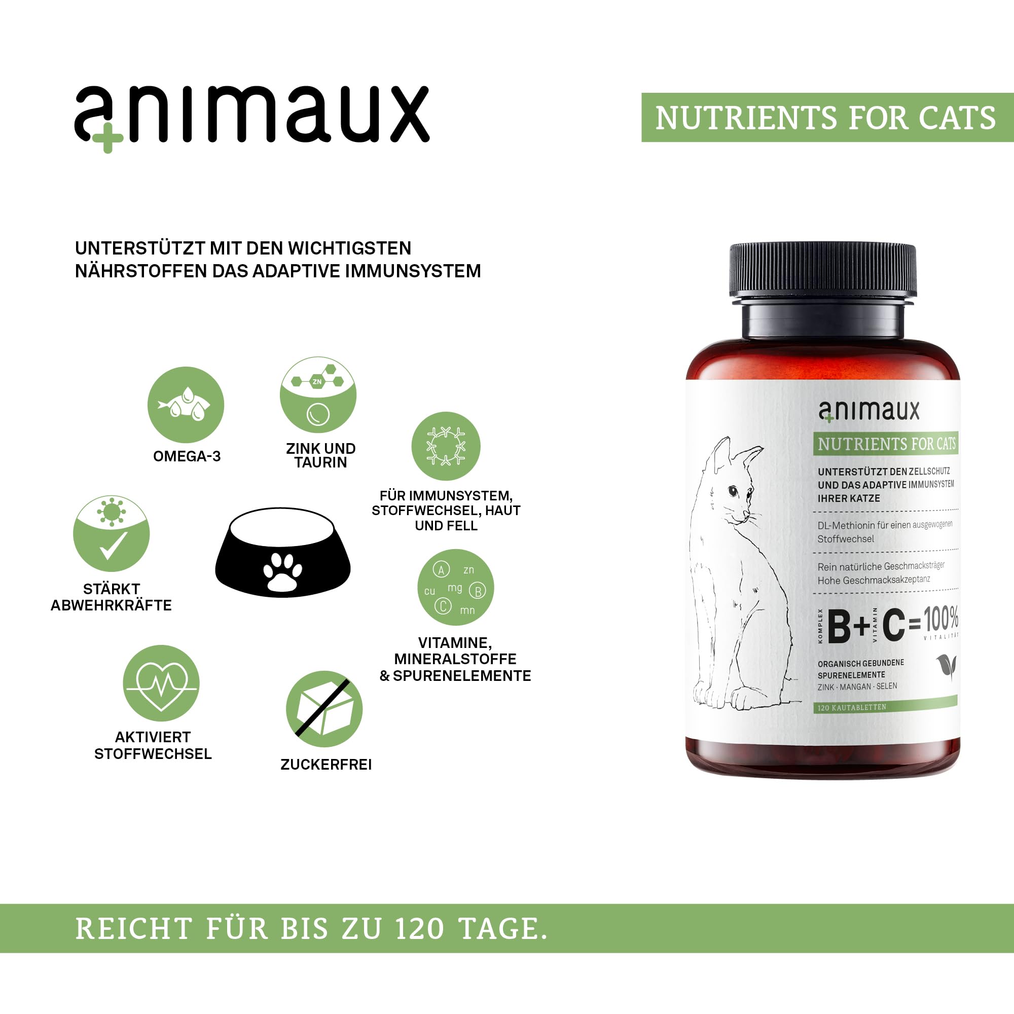 animaux Nutrients for Cats – 120 Kautabletten – Vitamine für Katzen, Unterstützung für Stoffwechsel, Immunsystem, Haut & Fell, mit Vitamin B Komplex, Omega 3, Zink & mehr