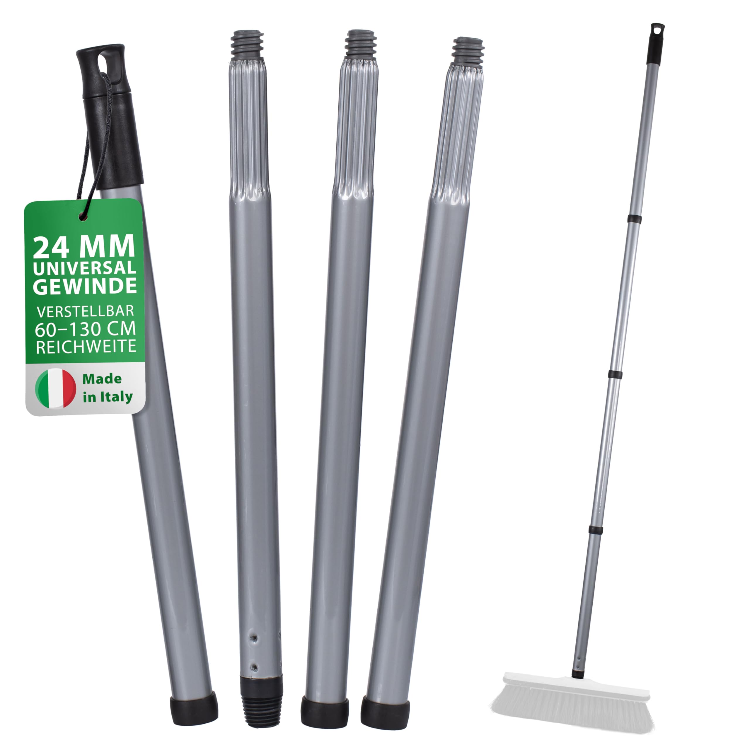 ORGAFLIX Manche de balai de qualité supérieure avec filetage de 24 mm, réglable de 60 à 130 cm, utilisation universelle pour balais, balai de route et balai industriel, manche en métal stable en gris