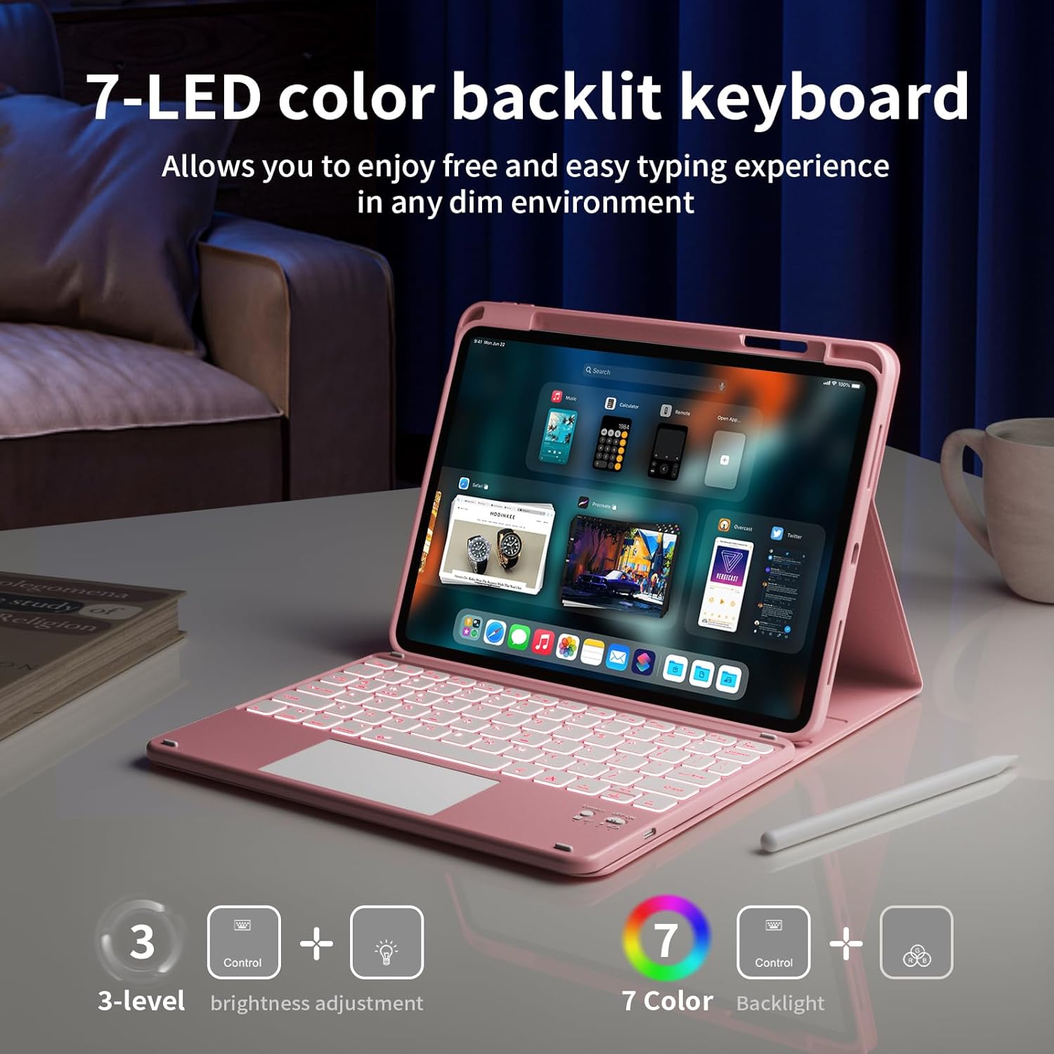 for iPad (A16) 11th/10th Gen Case with Keyboard - 7 Colors Backlit,Multi-Touch Trackpad,Detachable Keyboard Cover with Pencil Holder for iPad A16 11 inch 2025/10th 10.9 Inch 2022 (Pink)