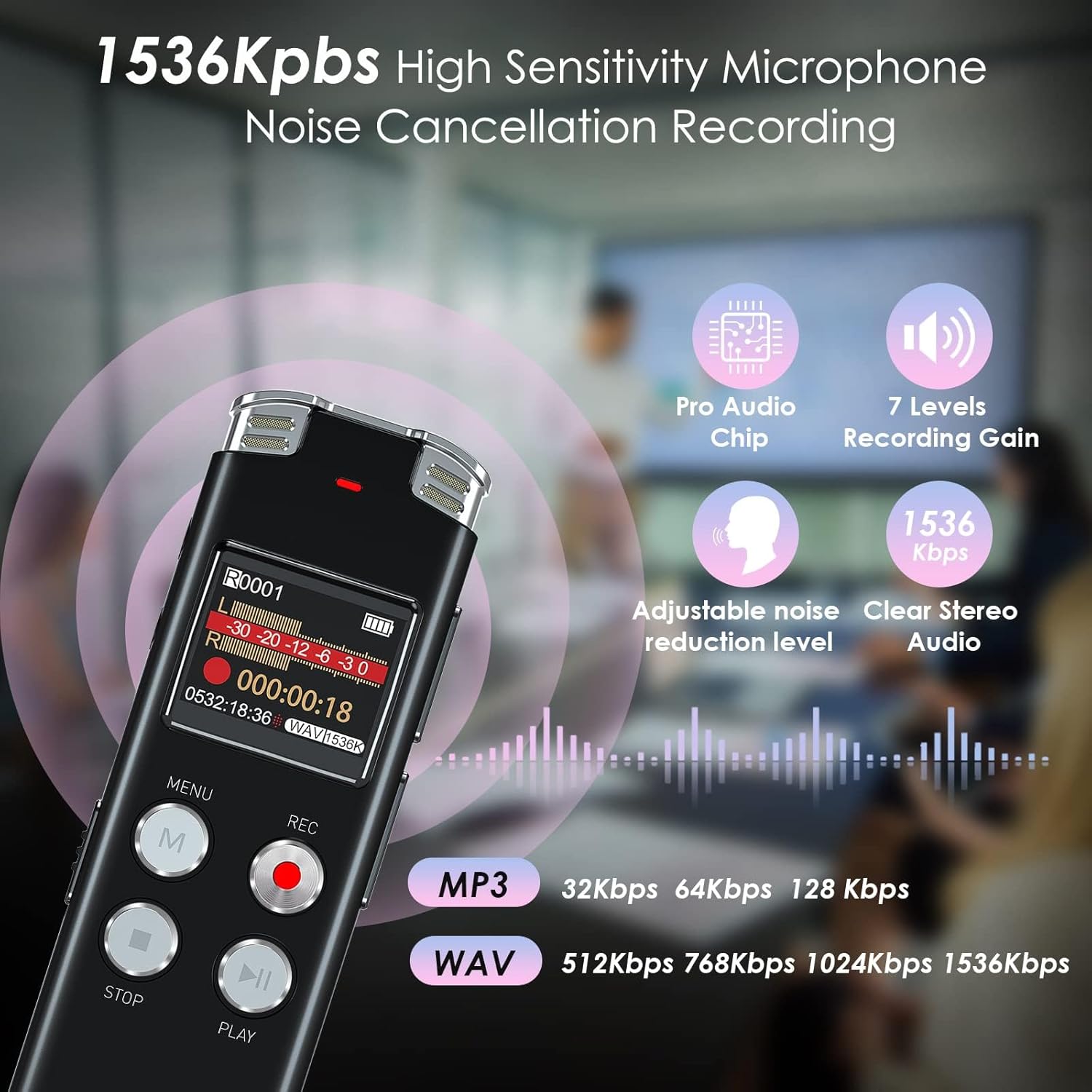 1536Kbps High Sensitivity Microphone Noise Cancellation Recording