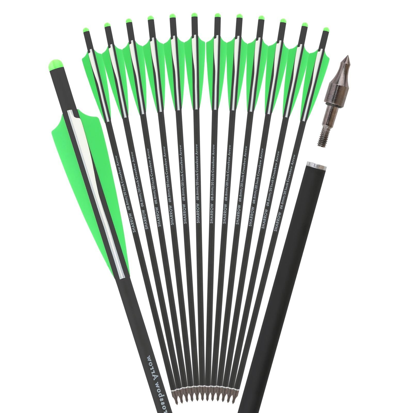 Archery Crossbow Bolts 16/17/18/20/22 Inch Carbon Fibre Crossbow Arrows with 4 inch Vanes and Replaced Arrowhead Tips (6, green, 18inch)