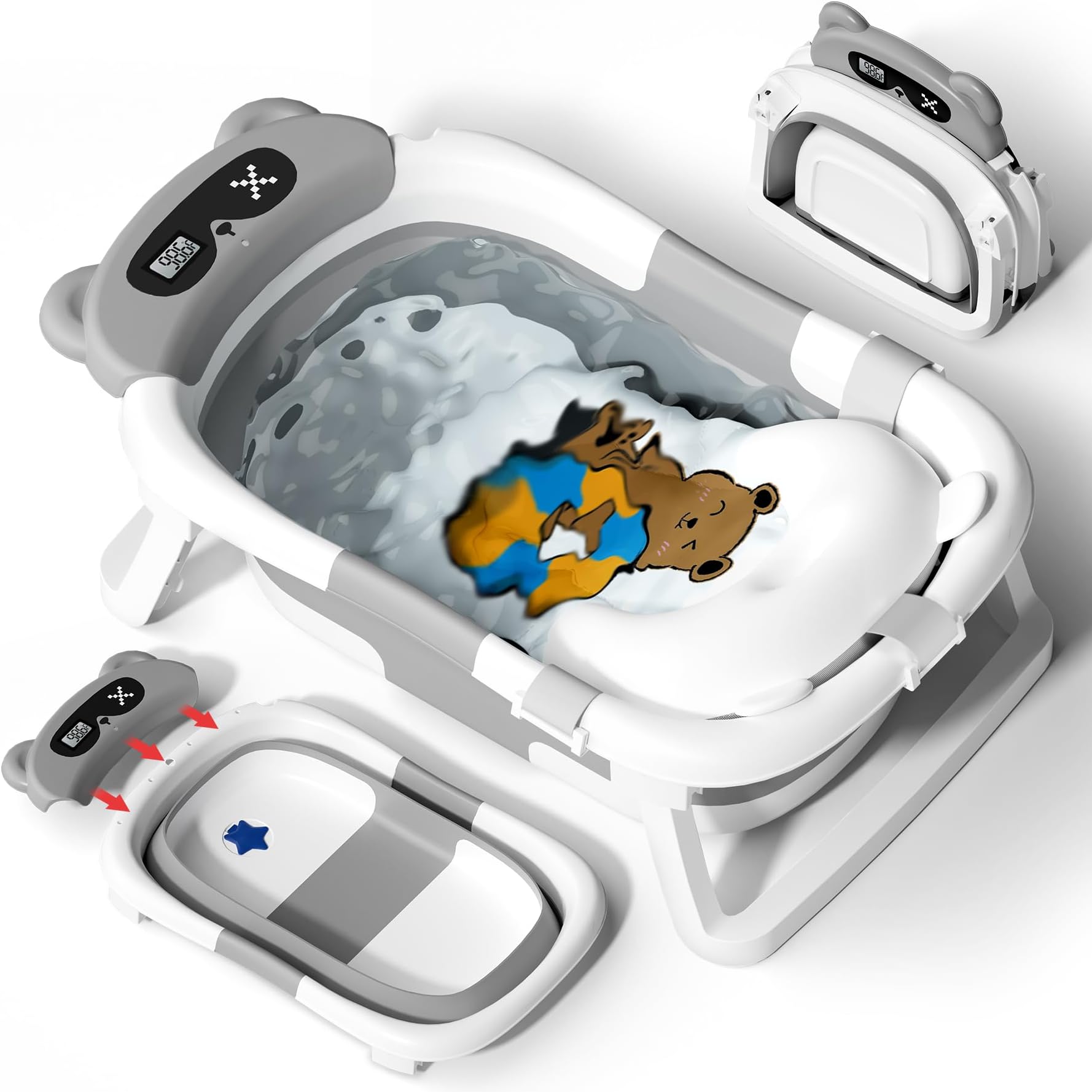 AVIDOR Baby Bathtub,Collapsible Bathtub for Newborn to Toddler,Durable Essential Infant Bath Tub,Portable Travel Baby Tub with Soft Cushion,No-Slip Hanging and Detachable(Grey)