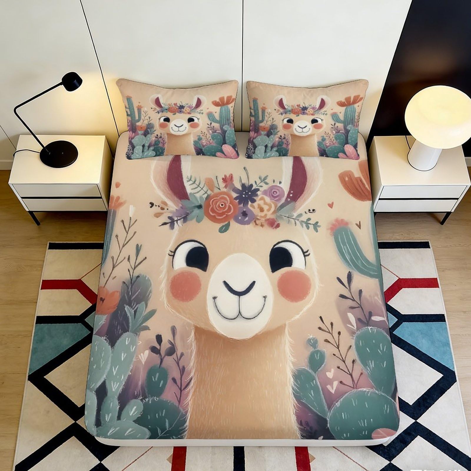 Dhbaneiok Style-5 3D Printed Cute Llama Fitted Sheet Microfiber Soft Decorative Cactus Bed Cover For Bedroom Dorm Mattress Protection 90X200x25cm