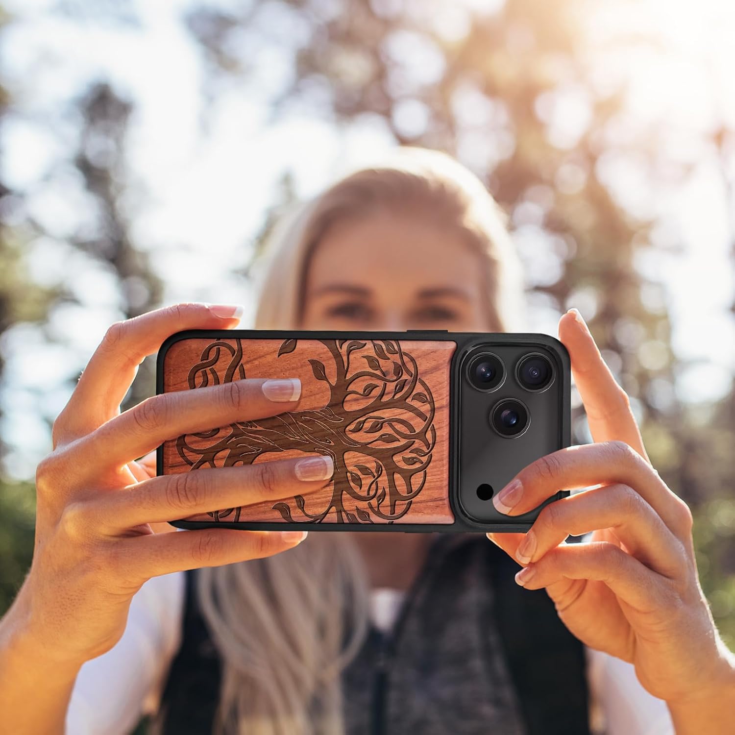 Carveit Magnetic Wooden Case for iPhone 17 Pro Max Case, Wood Artisan Engraved & Black Soft TPU Shockproof Cover, Compatible with MagSafe Wireless Chargers (The Celtic Tree of Life) Rosy