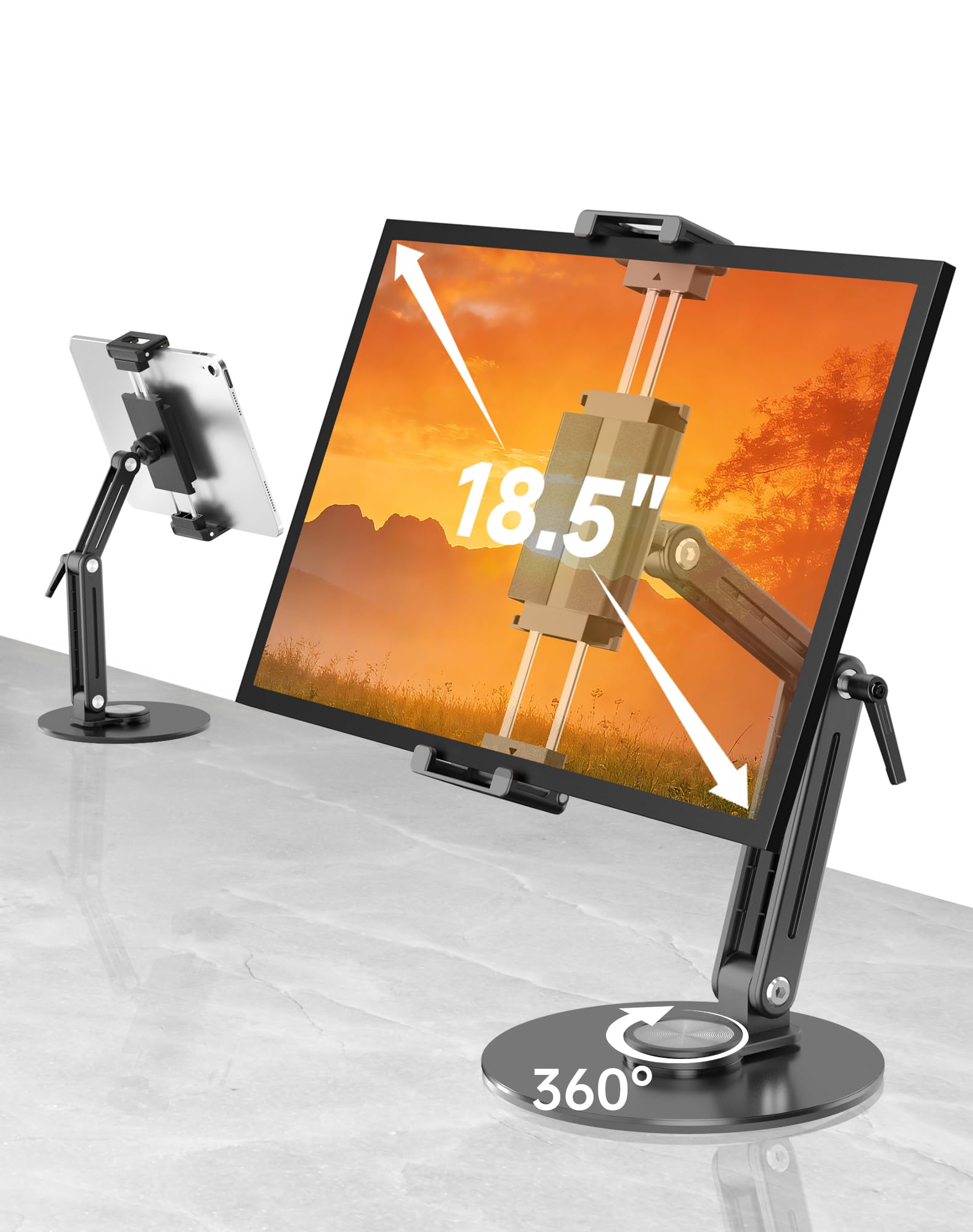 Supporto portatile per monitor e tablet, robusto supporto in alluminio, base girevole a 360°, capacità di carico di 2 kg, pieghevole per iPad da 4,7-18,5 pollici, tablet, monitor, cucina e viaggi