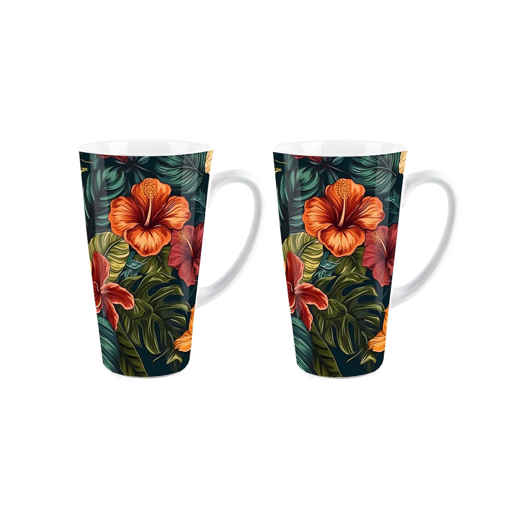 Purely Home Dark Hibiscus Tall Latte Mugs Set - Ceramic Coffee/Hot Chocolate Floral Present Drinkware Gifts - Set of 2