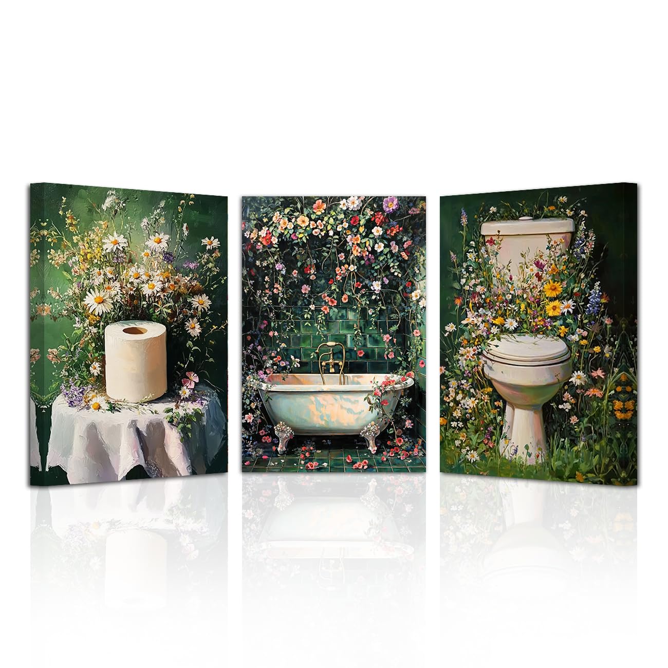 LZIMU Dark Green Bathroom Wall Art 3 Piece Vintage Floral Bathroom Painting Wildflowers Canvas Art Green Plant Pictures Restroom Decor Framed (Turquoise, 11x14inchx3 Pieces)