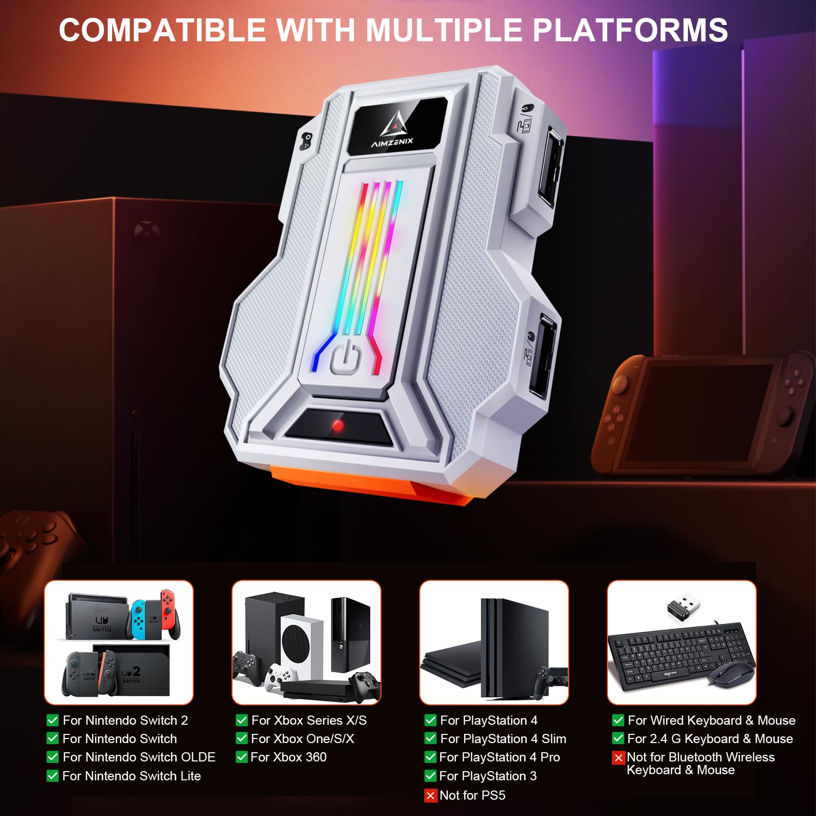 Adattatore tastiera e mouse per Nintendo Switch 2 e Switch, Xbox Series X/S, Xbox One/360, PS3/PS4, convertitore console con jack audio da 3,5 mm, luce RGB, supporto app personalizzata, sensibilità