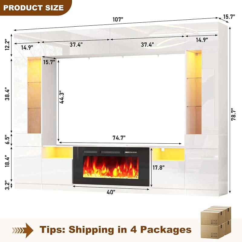St.Mandyu 107" Wall Unit Entertainment Center with Fireplace for 85 inch TV, Modern High Glossy TV Stand with LED Lights, Media Console with Wine Storage & Bookshelves,White image 4