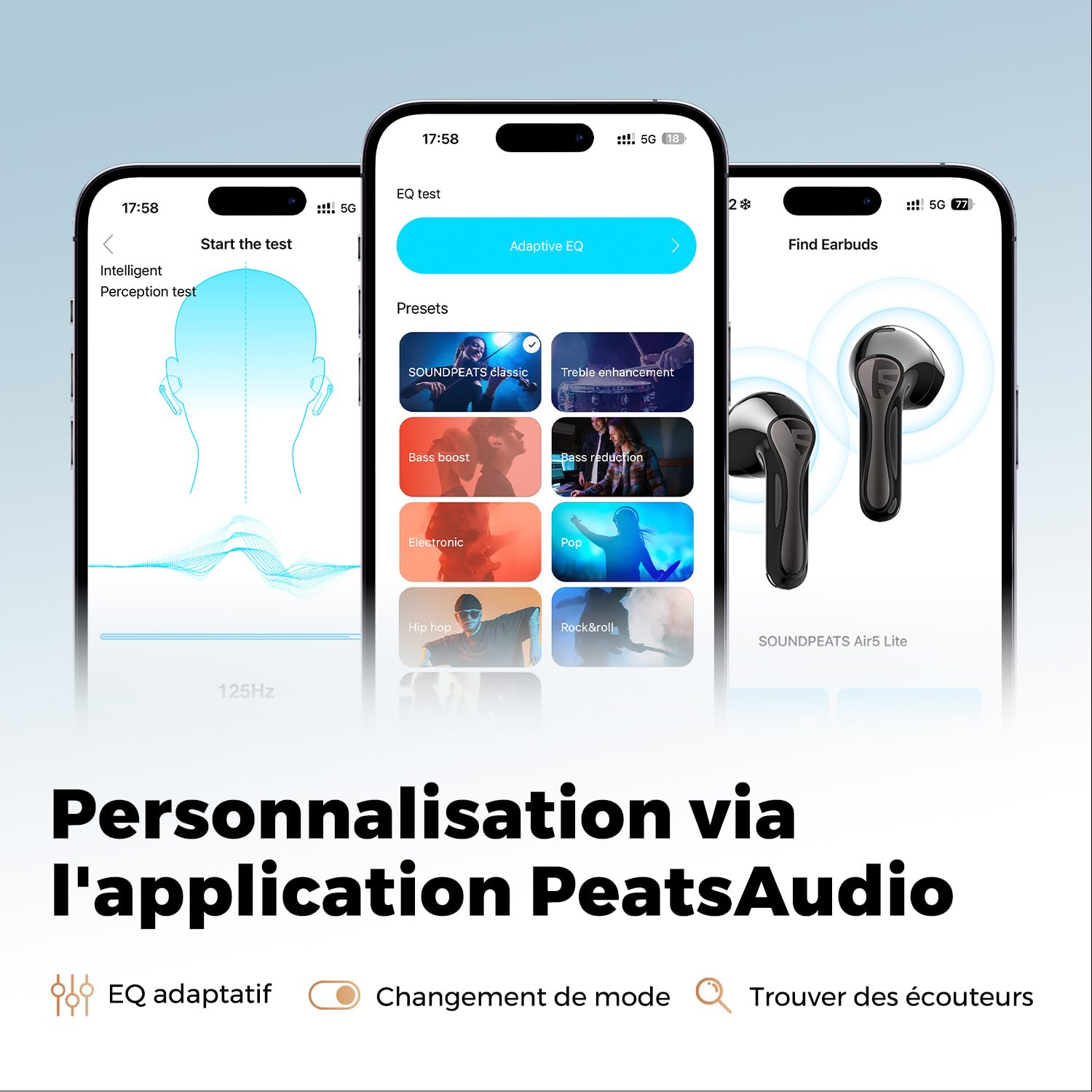 SoundPEATS Air5 Lite Écouteurs sans Fil | Audio Haute Résolution Bluetooth 5.4 Hauts-parleurs 13 mm Codec LDAC Réduction de Bruit Appels 30 Heures Autonomie