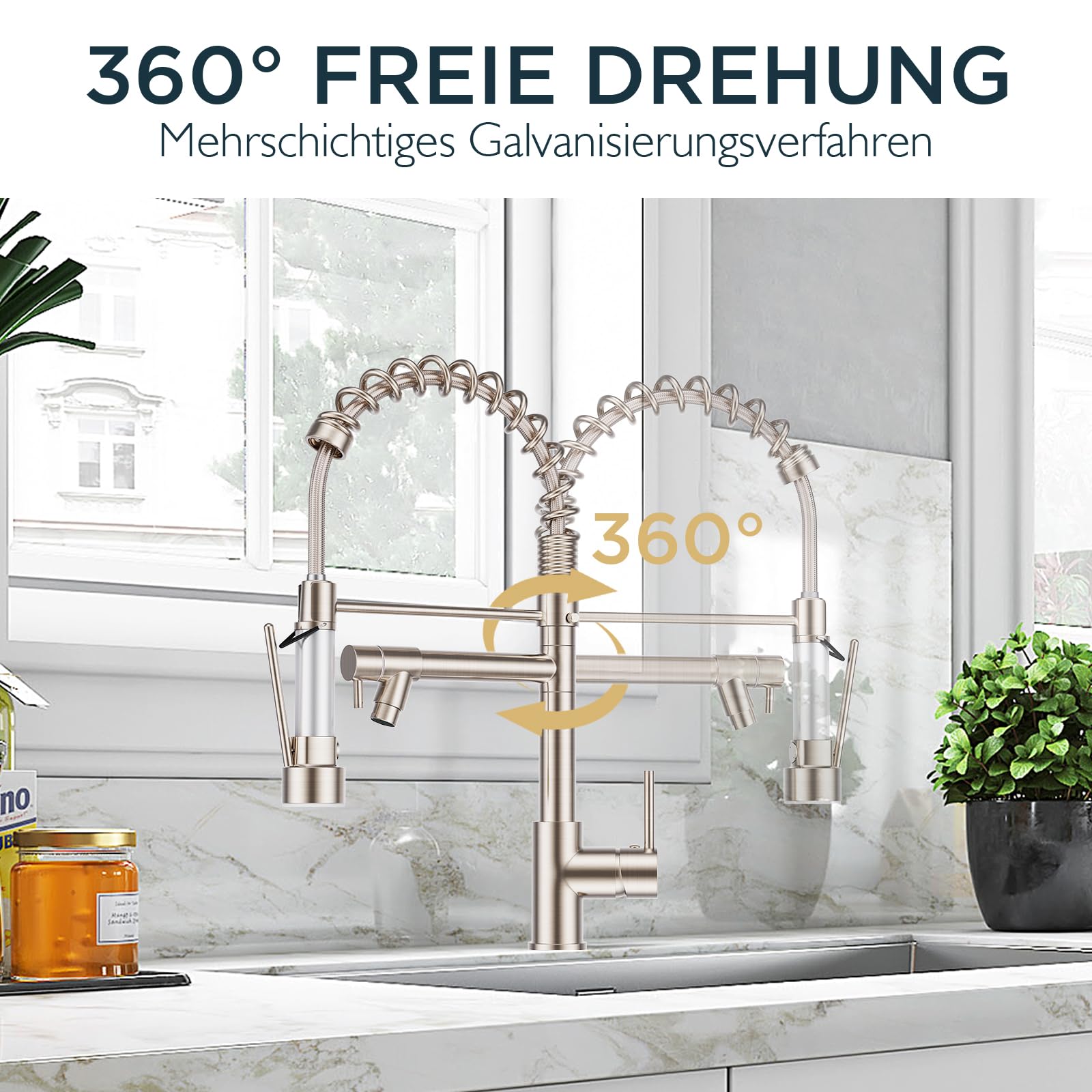 FORIOUS Wasserhahn Küche, Edelstahl-Küchenarmatur, Spülarmaturen Küche, Zweigriff-Mischbatterie Küche mit 360°-Schwenkbarkeit und Doppelspray