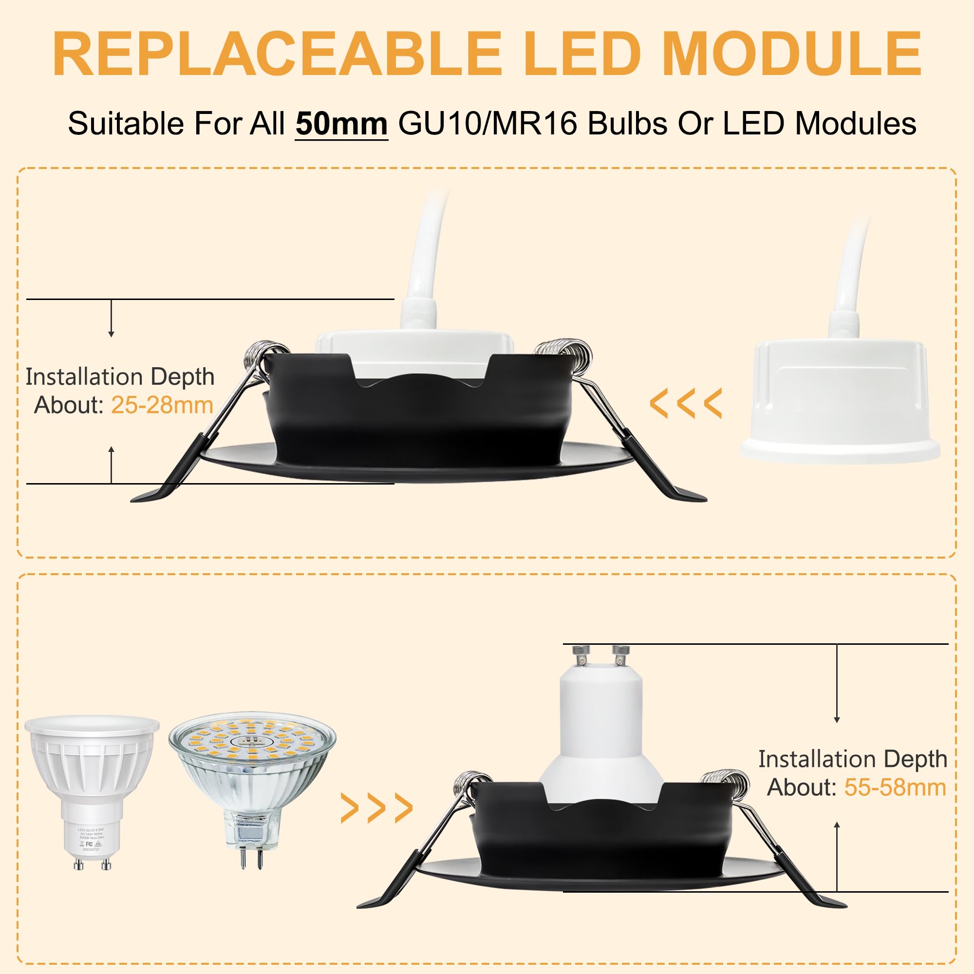 Spot LED Encastrable 230V Dimmable 68mm 5.5W IP44 45° Rotatif Extra Plat Spots de Plafond Blanc Chaud Blanc Neutre Blanc Froid Spot Salle de Bain, Noir Lot de 6