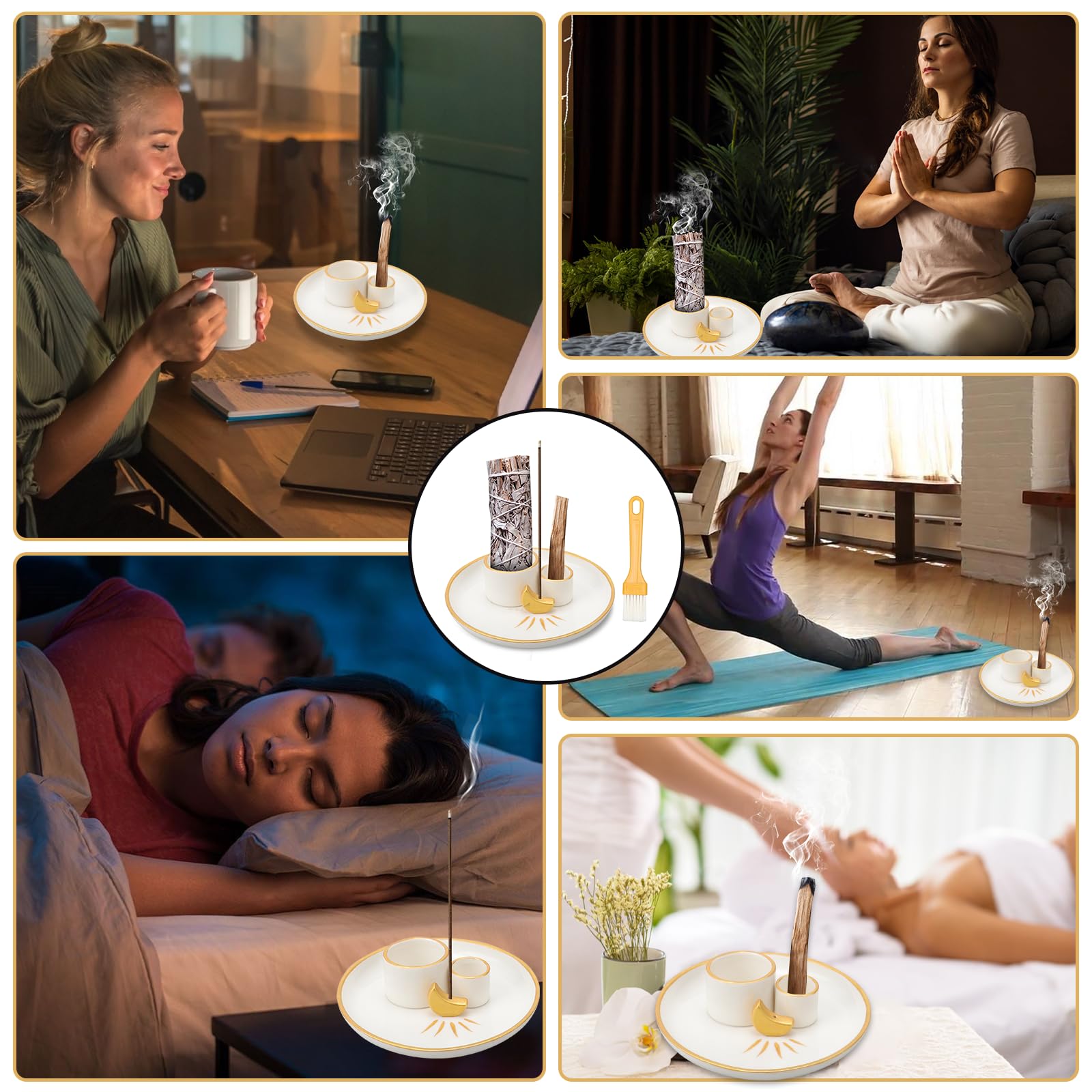 Porta Incenso Ceramica 4 In 1 - Per Palo Santo, Salvia, Incenso E Candele, Design Elegante Bianco