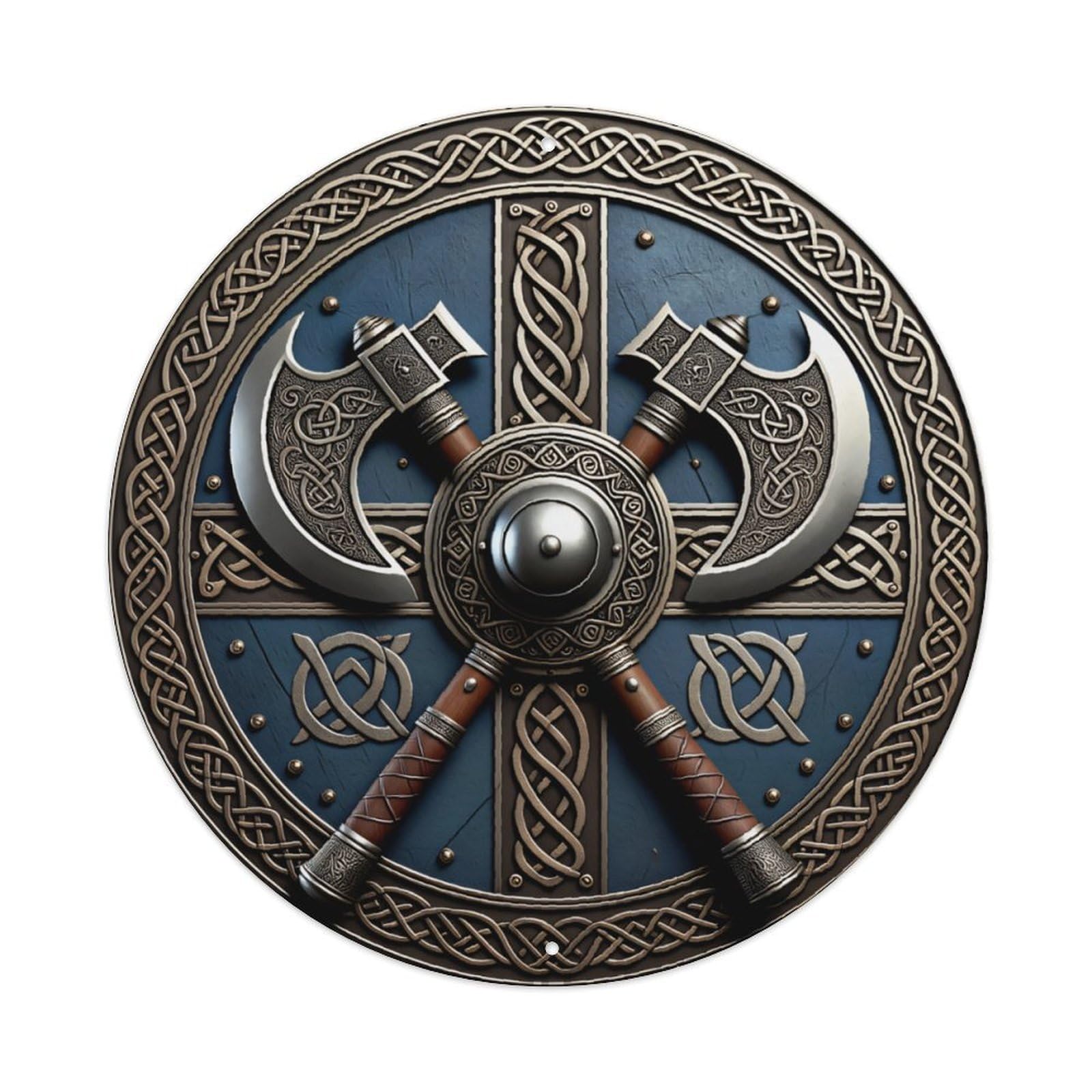 Nordic Viking Round Decor Sign Double Axe Celtic Knot Embossed Shield Vintage Aluminium Metal Sign, Retro Wall Decor for Home, Bar, Garage & Farmhouse 20x20cm