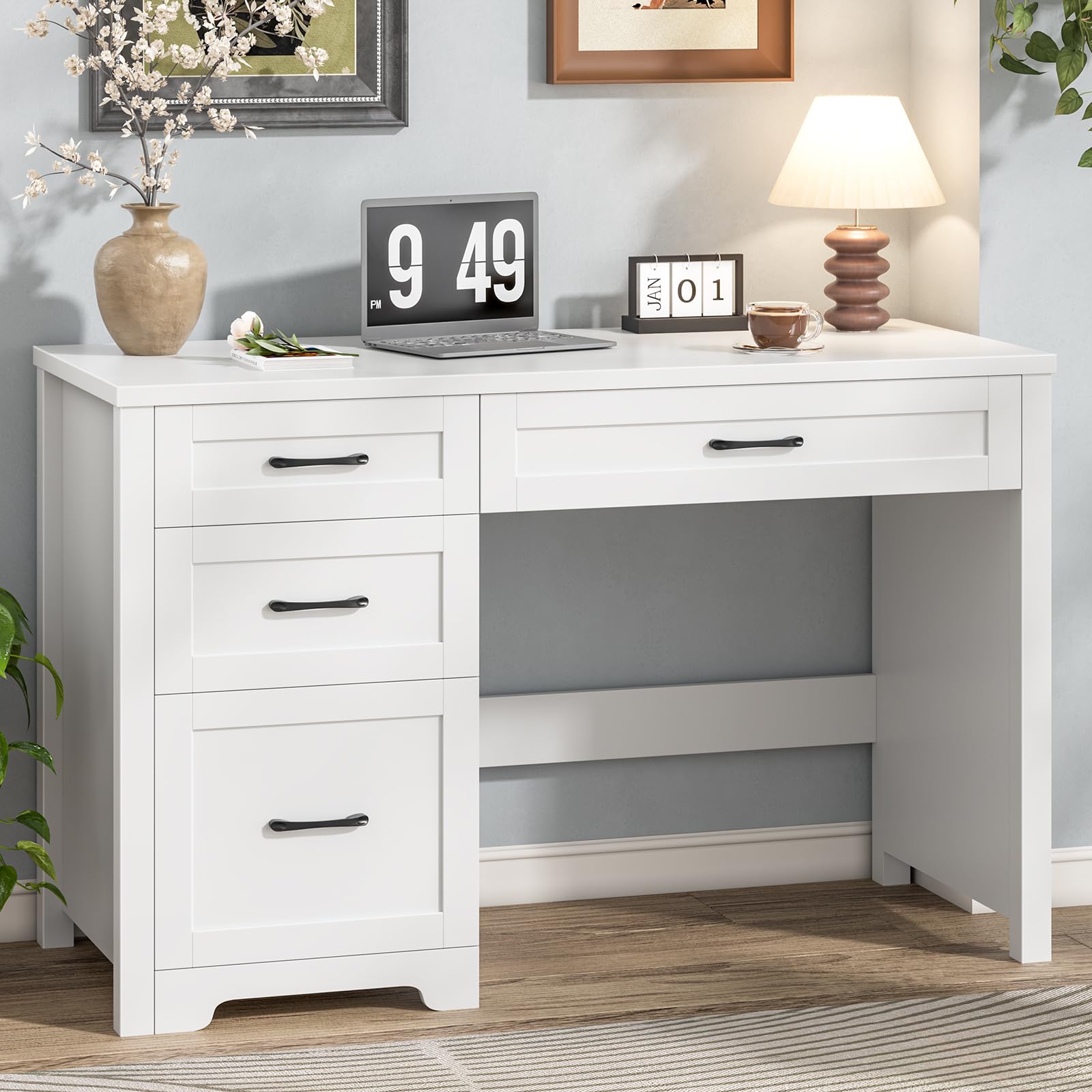 Vabches Home Office Desk with 3 Storage Drawers, White