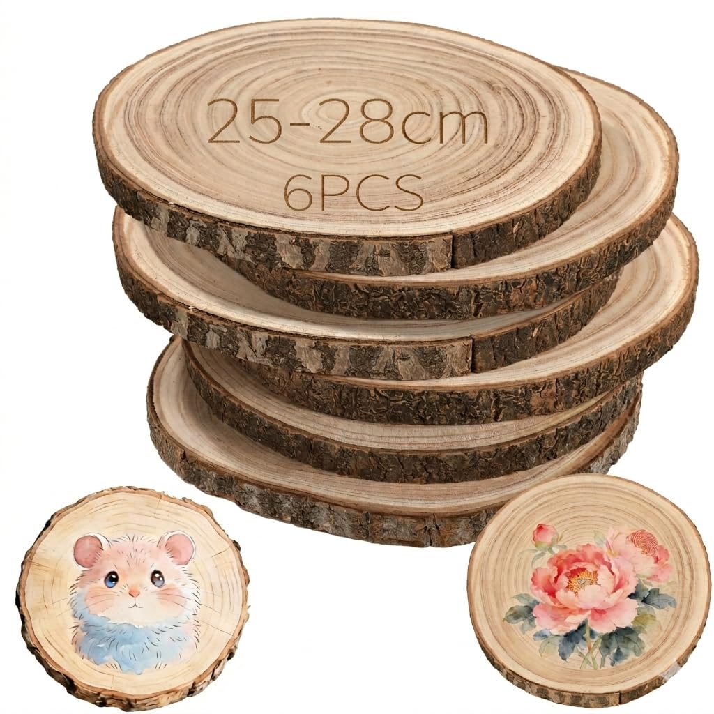6 dischi di legno di paulownia, 25-28 cm, 2 cm di spessore, non trattati con corteccia, decorazione fai da te | Dischi rotondi naturali senza vernice, materia prima stabile per progetti artigianali e design individuale della casa