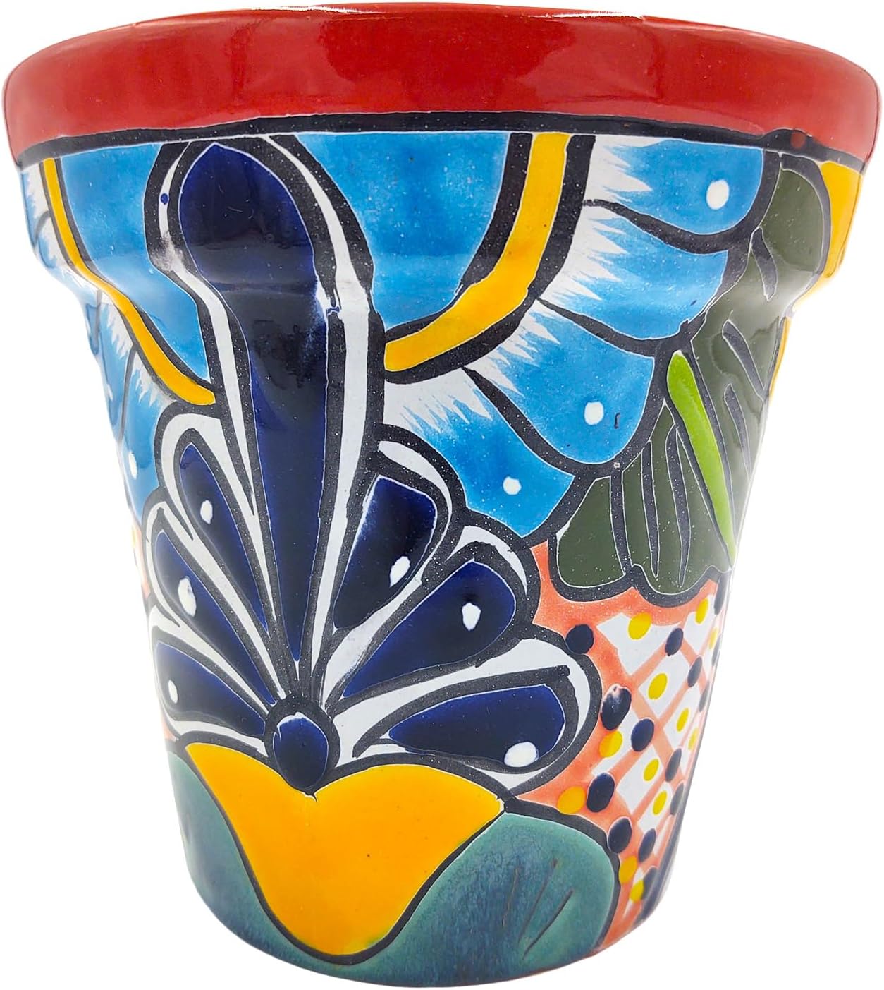 Cactus Canyon Ceramics MACETA RANCHERA #18 Mexican Talavera Planter Pot (7" W x 7" L x 7" H) Hand Painted - RED Trim - Mexican Decor Planter