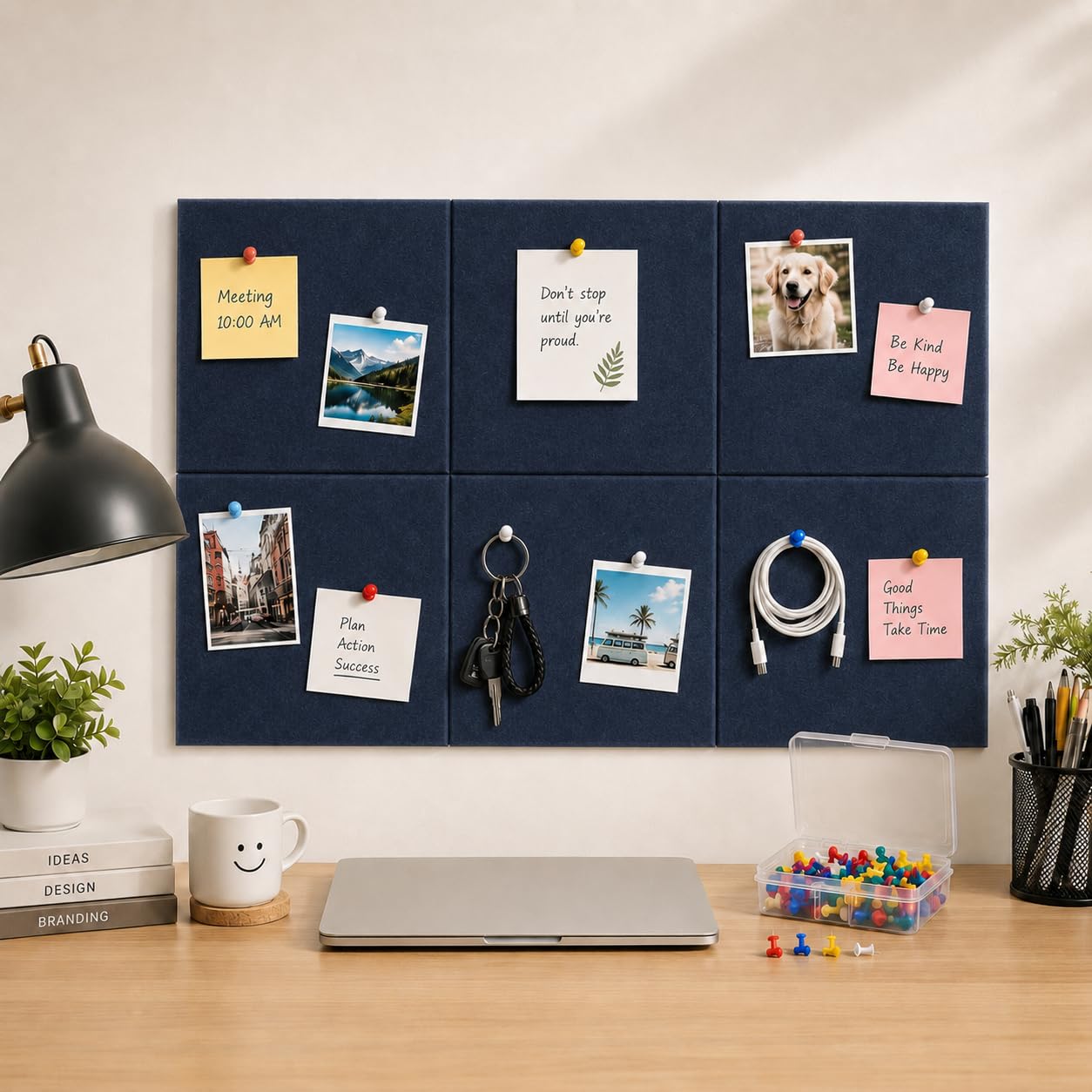 6 Pack Felt Bulletin Board Tiles 12x12 Inch Self Healing Wall Pin Board Memo Board with 50 Push Pins Thick Decorative Square Display Boards for Office Home School Organization Notes Photos (Dark Blue)-image-31