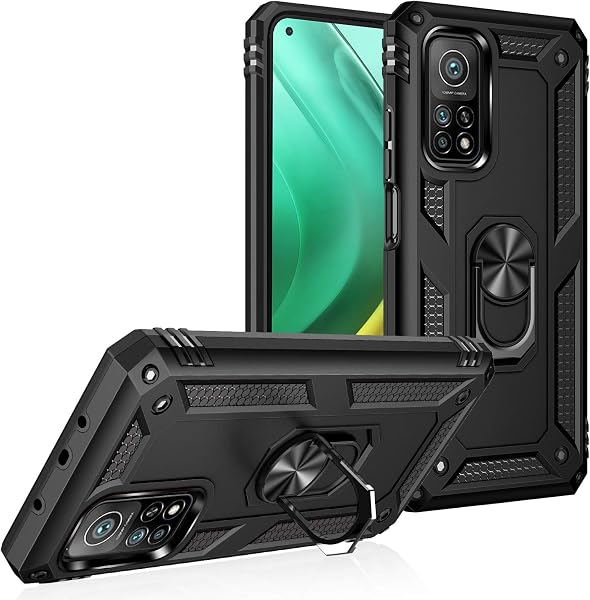 Cover per Xiaomi Mi 10T 5G/10T PRO 5G,+ Vetro Temperato, Custodia per Xiaomi Mi 10T 5G/10T PRO 5G Cover a 360°Girevole Ring Hybrid Armor Bumper TPU Case Protettiva Shell,Nero - 1