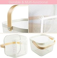 Vista 3 de Cesta de acero de malla metálica, cesta organizadora de almacenamiento, cesta de cocina colgante multifuncional, cesta de frutas con mango de bambú