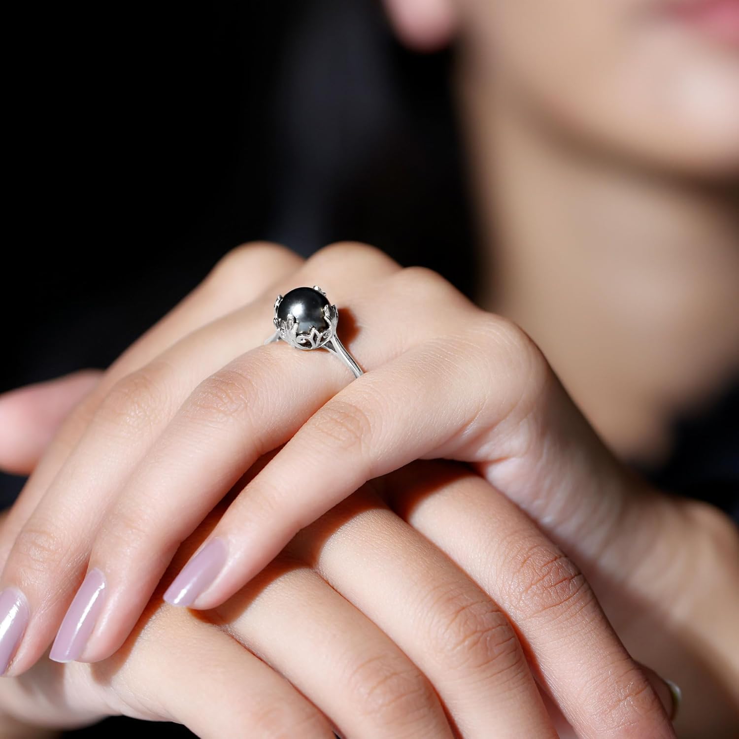 Natural Black Pearl Engagement Ring, AAA Quality, Handpicked 8mm Tahitian Pearl Vintage Inspired Ring - Gift for Women