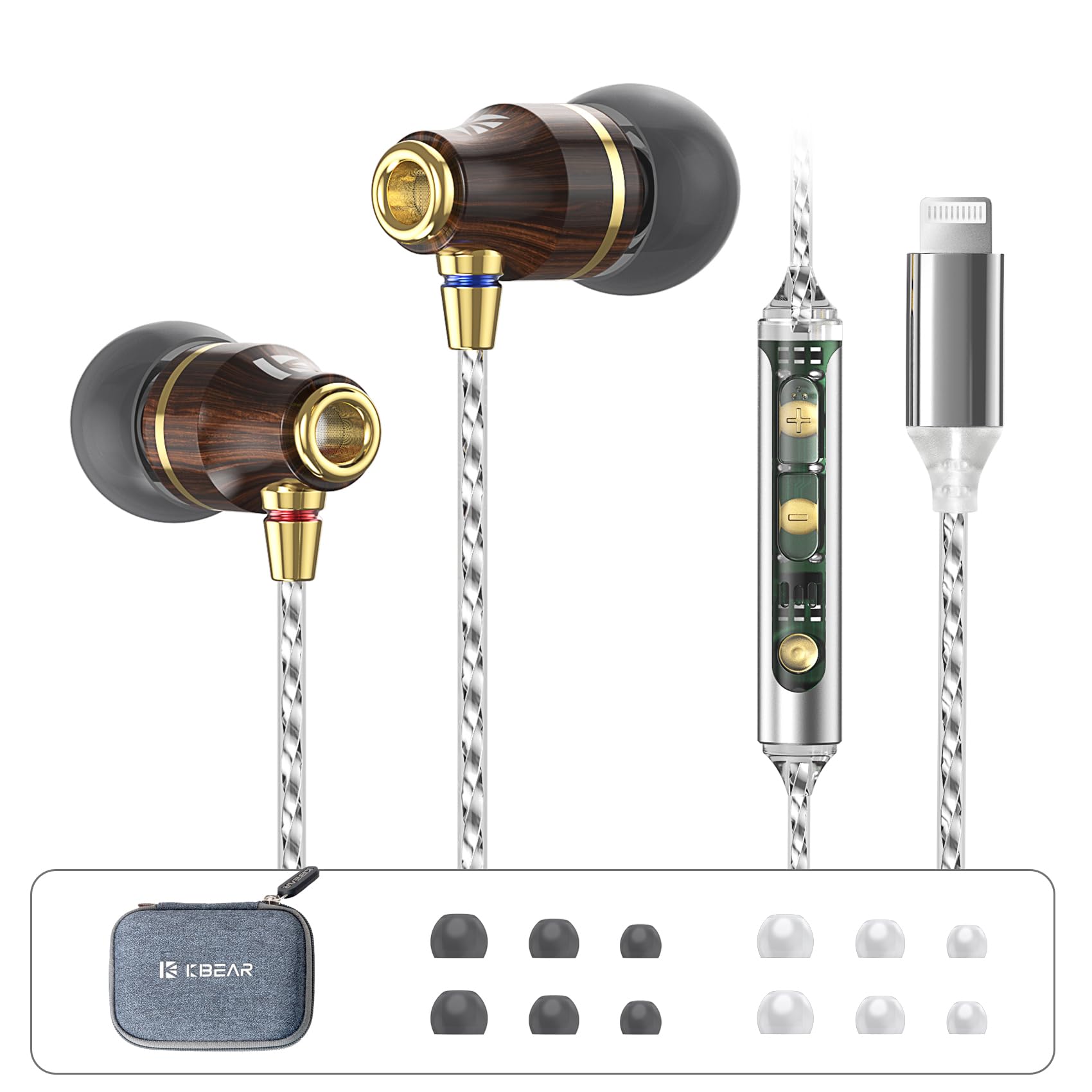 EZ Ear KBEAR Wooden Light-ning Earbuds, A-pple Earbuds for iPhone wtih Connector, [MFi Certified] Headphones for iPhone with Microphone Controller,