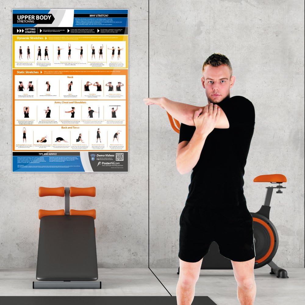 Upper Body Stretching Gym Poster - EXTRA LARGE 33” x 23.5” - Laminated - Dynamic & Static Stretches - Home & Gym Poster - Includes Online Video Training Support - By Posterfit.