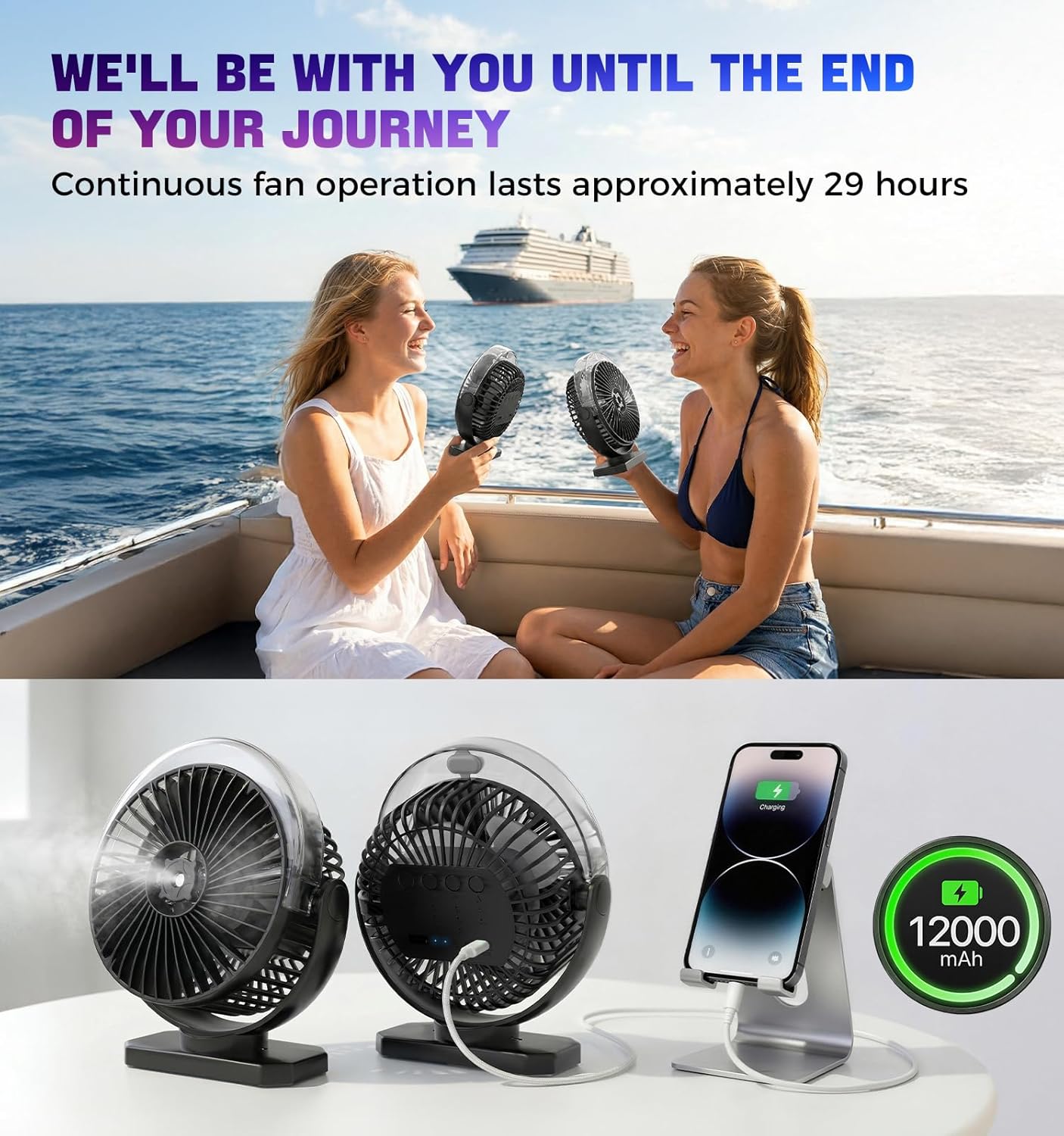 2-Pack Magnetic Golf Cart Fan, Camping Fan with Misting & LED Light, Rechargeable Portable Fan with 12000mAh Battery and Strong Magnet Base, 3-Speeds Battery Operated Fan for Golf Cart, Cruise Ship