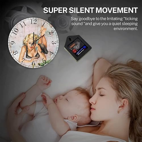 Miniatura 7 de Pin Up - Reloj de pared para niñas, de 10 pulgadas, funciona con pilas, estilo retro, vintage, sexy, con números arábigos, reloj de pared de madera,