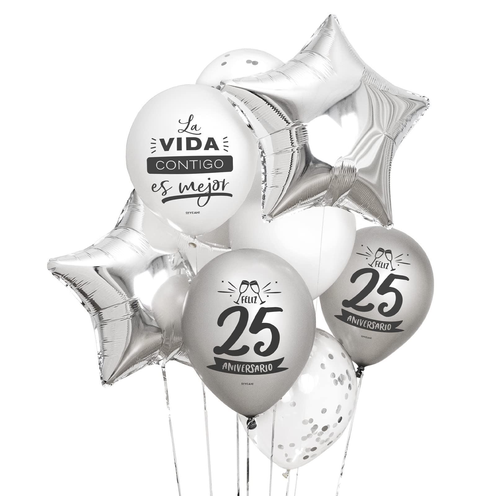 10 Globos de látex y Foil Colores Plateados para celebrar 25 Aniversario -Globos para Fiestas, Globos 25 Aniversario, 25 Aniversario, Decoración Fiesta Cumpleaños y aniversario. (25 Aniversario)