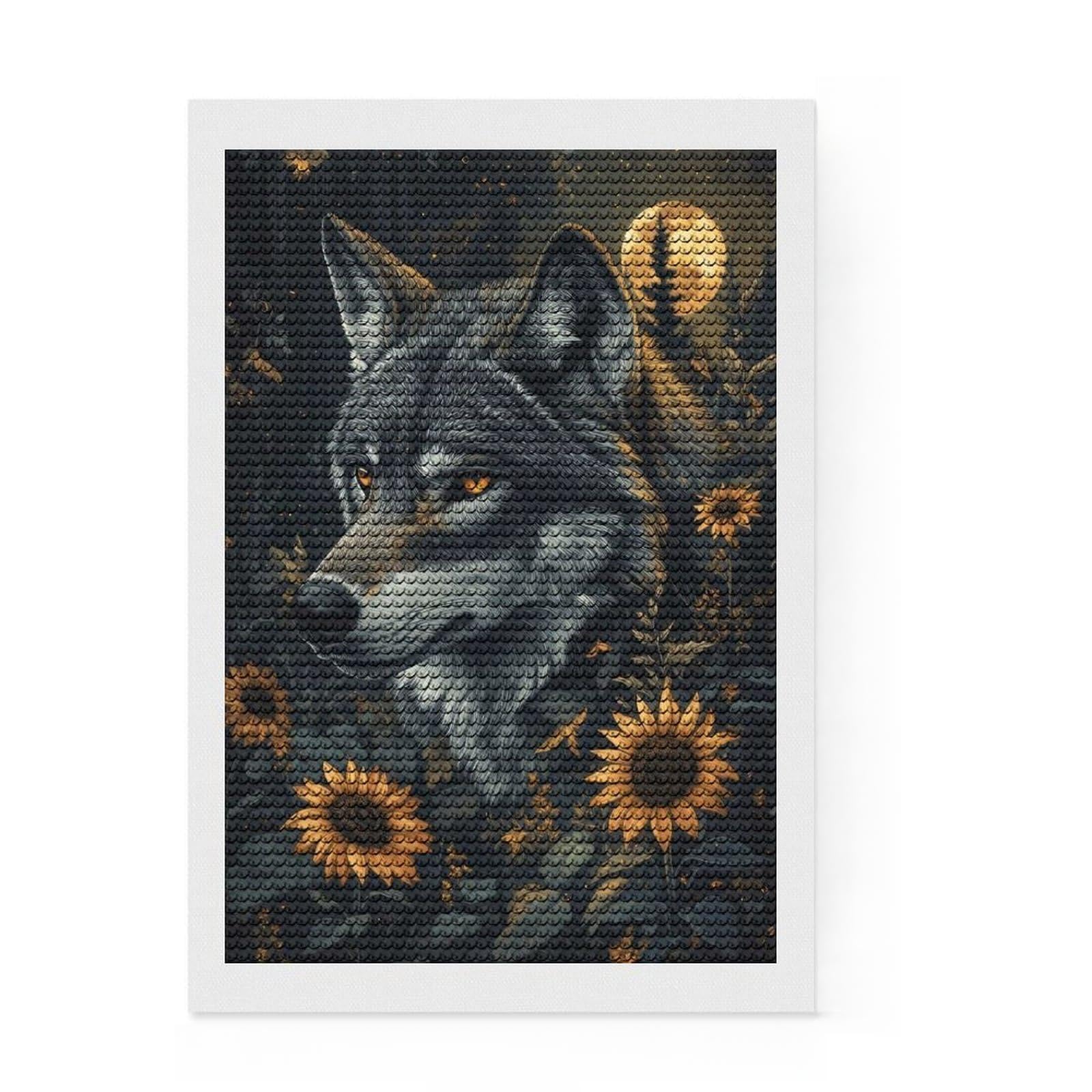 Junmoney Wolf in Sunflower Field Full Drill Diamond Painting Kit 8"x12", Office Decor, for Beginners, Full Kit Included, Christmas Gift
