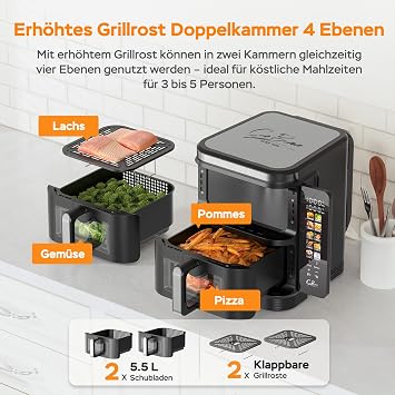 Hot Air Fryer 2 Chambers 11 L Airfryer Double Chamber with Viewing Window and Foldable Touch Screen 10-in-1 V0 Flame Retardant Material 2800 W