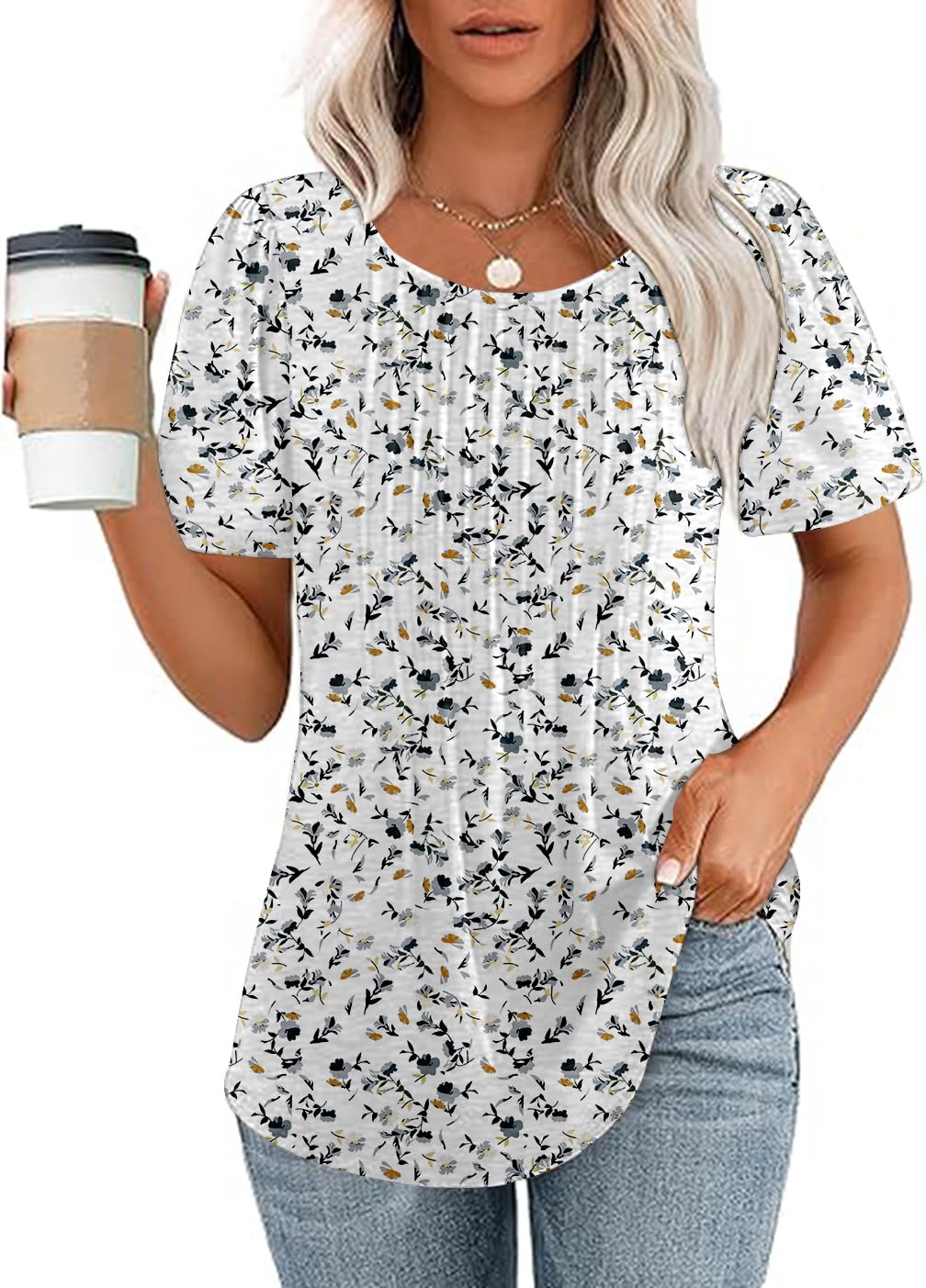 Naivikid Womens T Shirts Short Sleeve Pleated Dressy Casual Scooped Neck Summer Tops Blouses S-XXXL