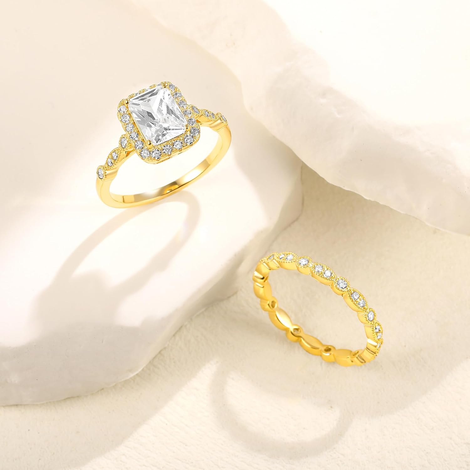 MDFUN 18K White/Yellow Gold Plated Eternity Ring Sets,Two-in-One Cubic Zirconia Wedding Engagement Promise Eternity Ring for Women - Image 2