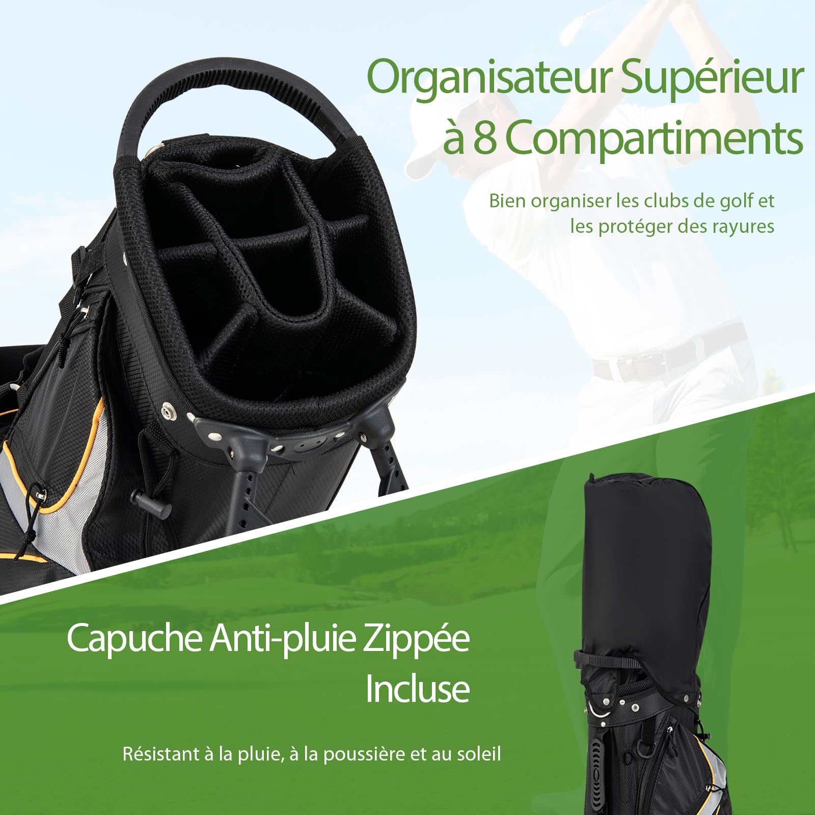 GYMAX Bolsa Trípode de Golf, Bolsa de Golf con 8 Divisores Superiores, 7 Bolsillos con Cremallera, Bolsa Nevera, Doble Correa y Capucha para la Lluvia, 2kg Bolsa de Golf Portátil Ligera