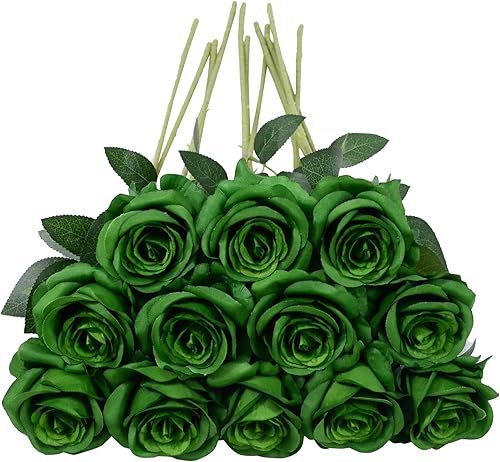 12 rosas artificiales de color verde oscuro, rosas falsas de seda de 19.7 in, rosas sintéticas con tallos de flores, ramo de rosas nupciales para