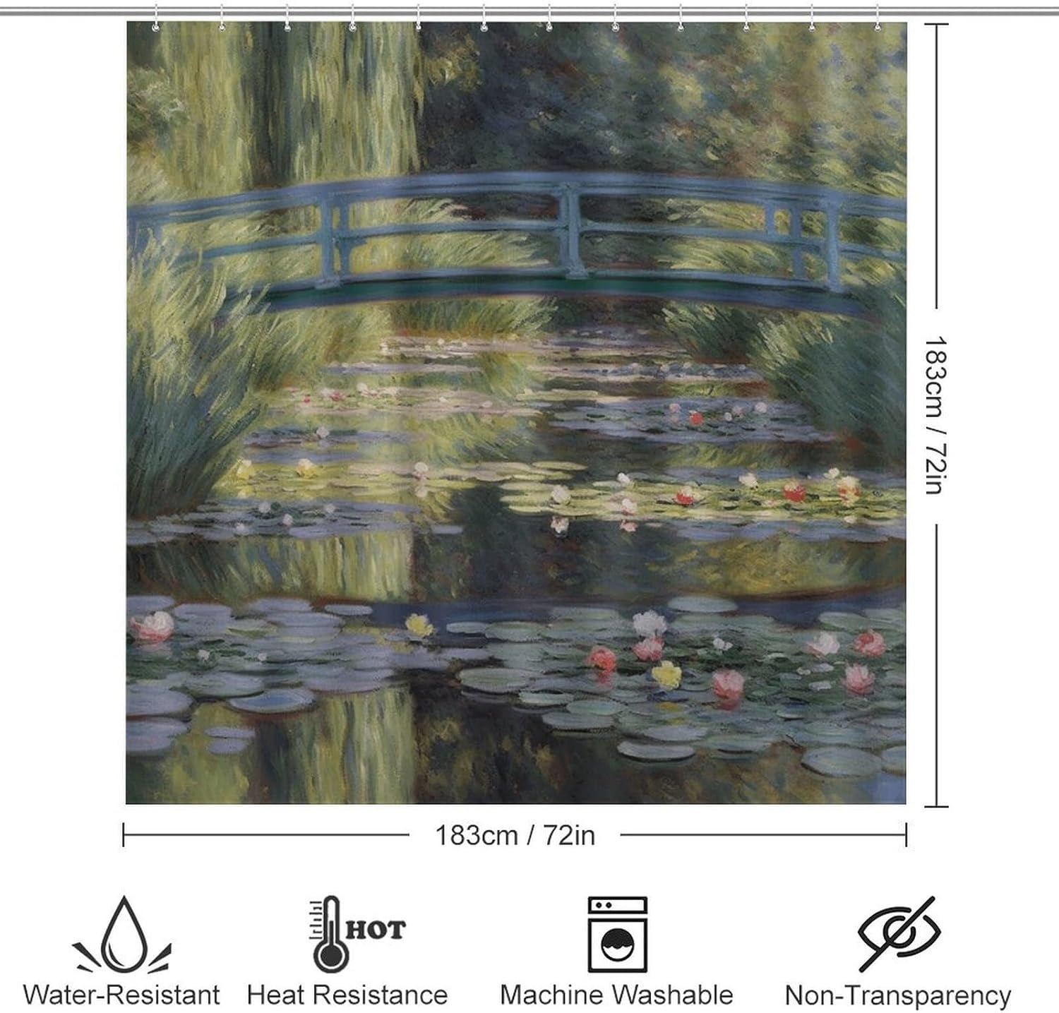 Water Lily Pond Shower Curtain Set 4 Piece, Non-Slip Bath Mat with Toilet Lid Cover and Waterproof Shower Curtain with 12 Hooks, Complete Bathroom Set for Home Decor