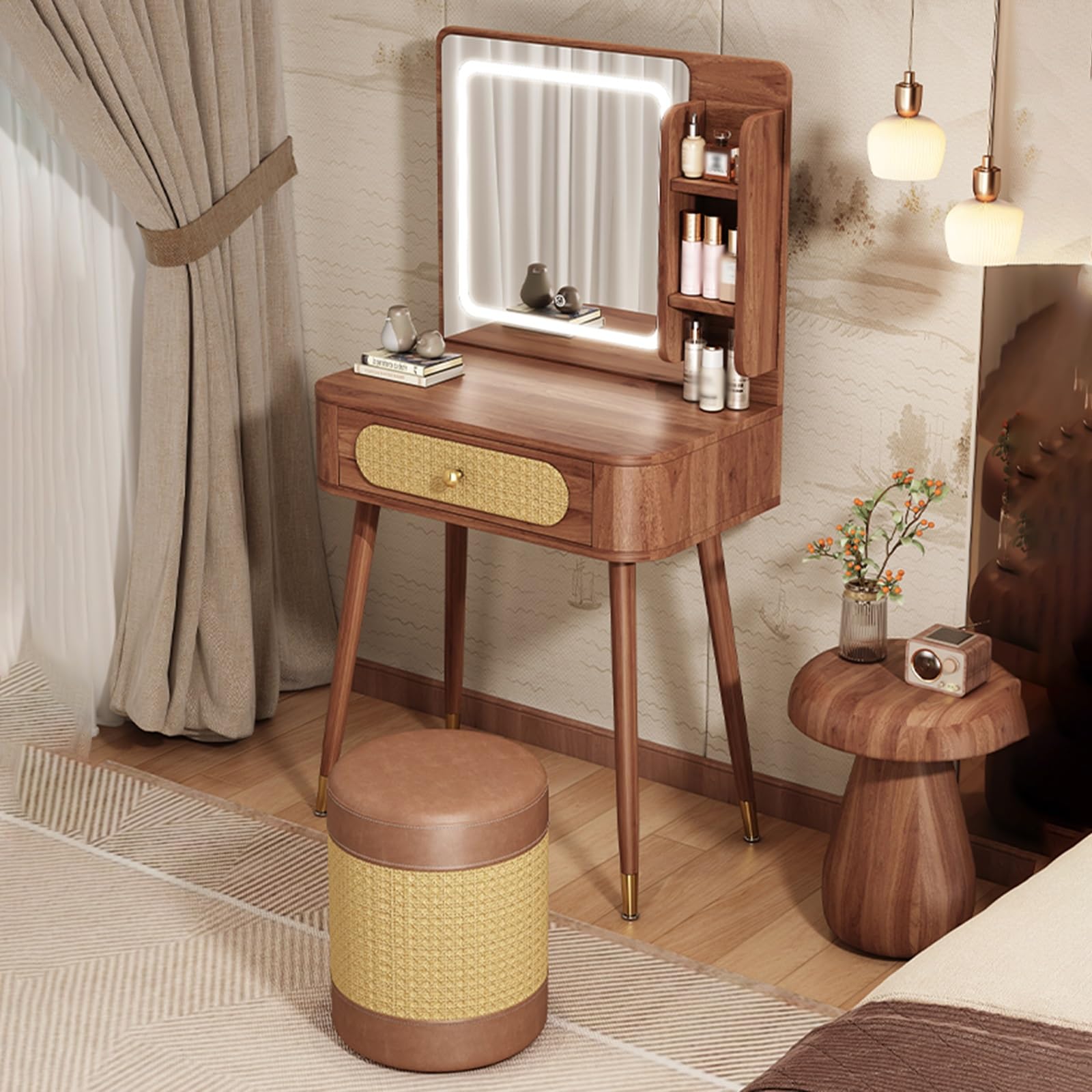 Vanity Mirror with Lights,small Make Up Vanity Desk Medieval Style,with 3 Color Touch Screen Dimming Mirror,with 1 Drawers,Large Vanity Tabel Set,Storage Bench Bedroom Small Space(60cm/23.6in)