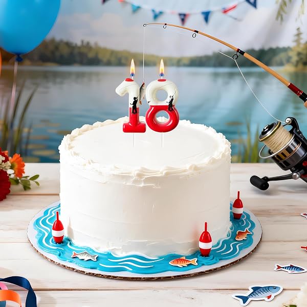 Fishing Birthday Candle Number 8 for Men, Red and White Bobber Cake Topper, Dad Grandpa Cake Decoration - 4