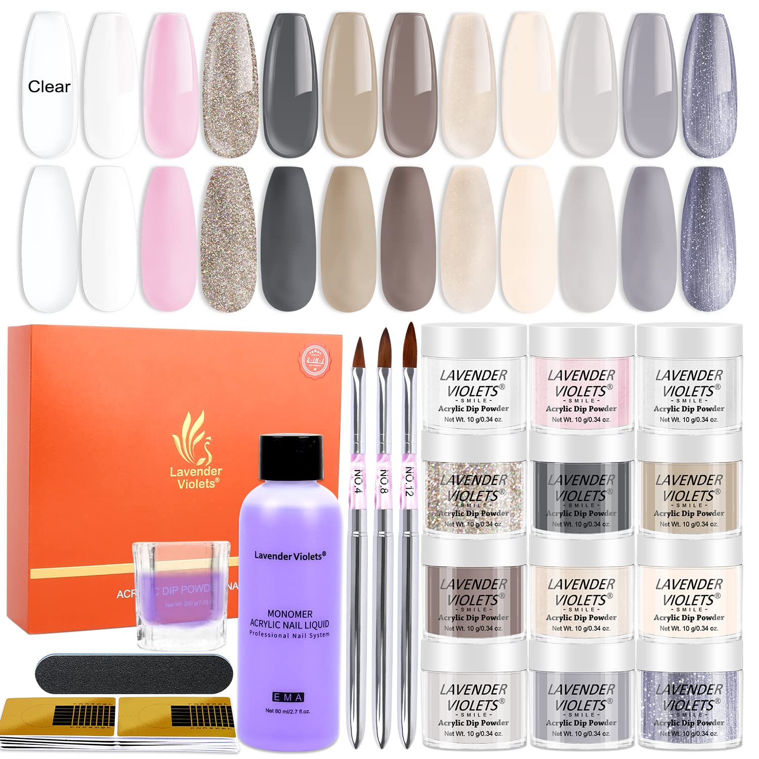 19pcs Acrylic Powder and Liquid Set with Everything, 12 Nude Gray White Colors Starter Acrylic Nail Kit with Salon Quality Acrylic Nail Brush Nail Forms Glass Dappen Dish for Home DIY N650