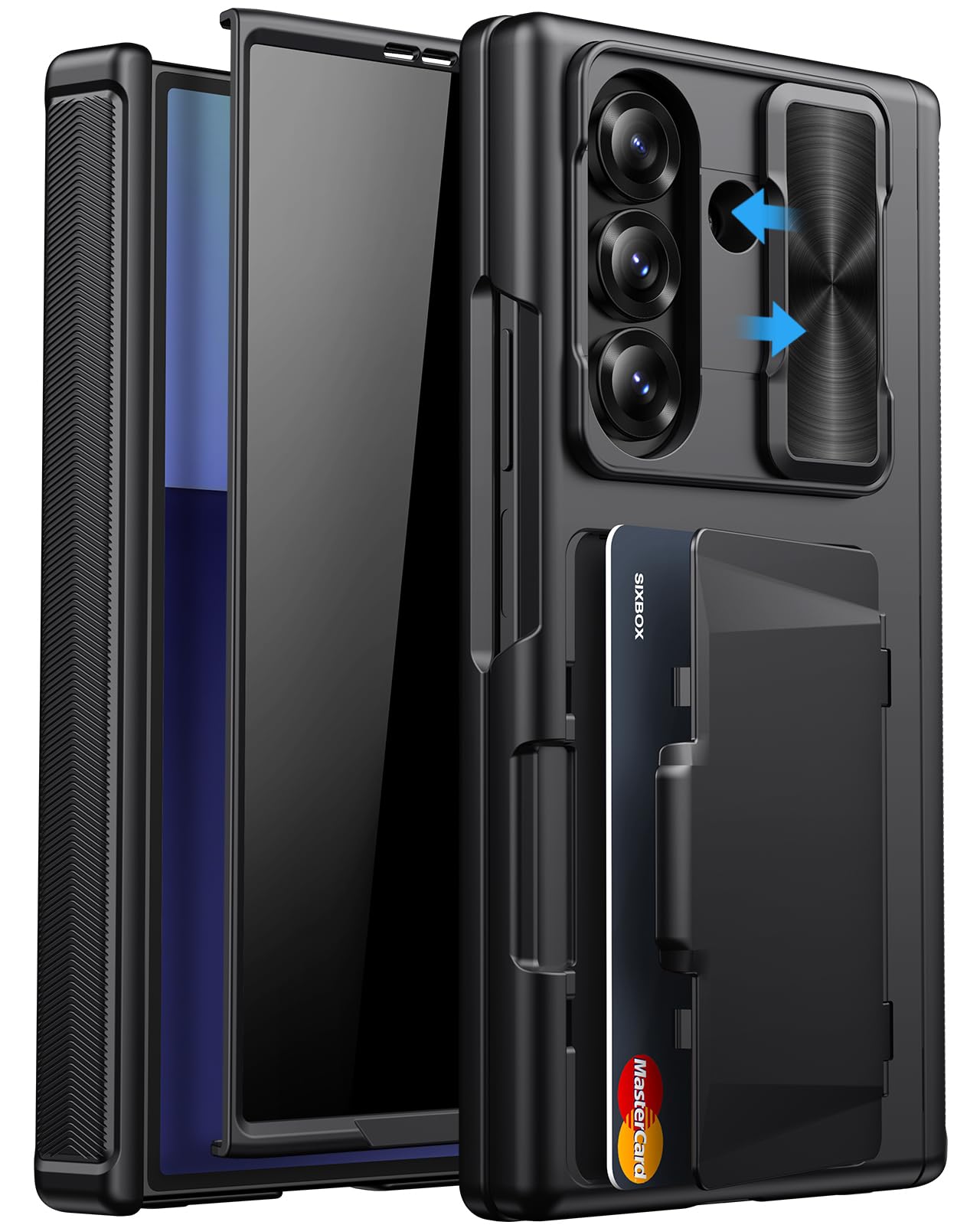 SIXBOX for Samsung Galaxy Z Fold 7 Case with Card Holder, Privacy Screen Protector & Hinge Protection & Slide Camera Cover, Rugged Wallet Protective Phone Cover Case for Galaxy Z Fold 7 2025, Black