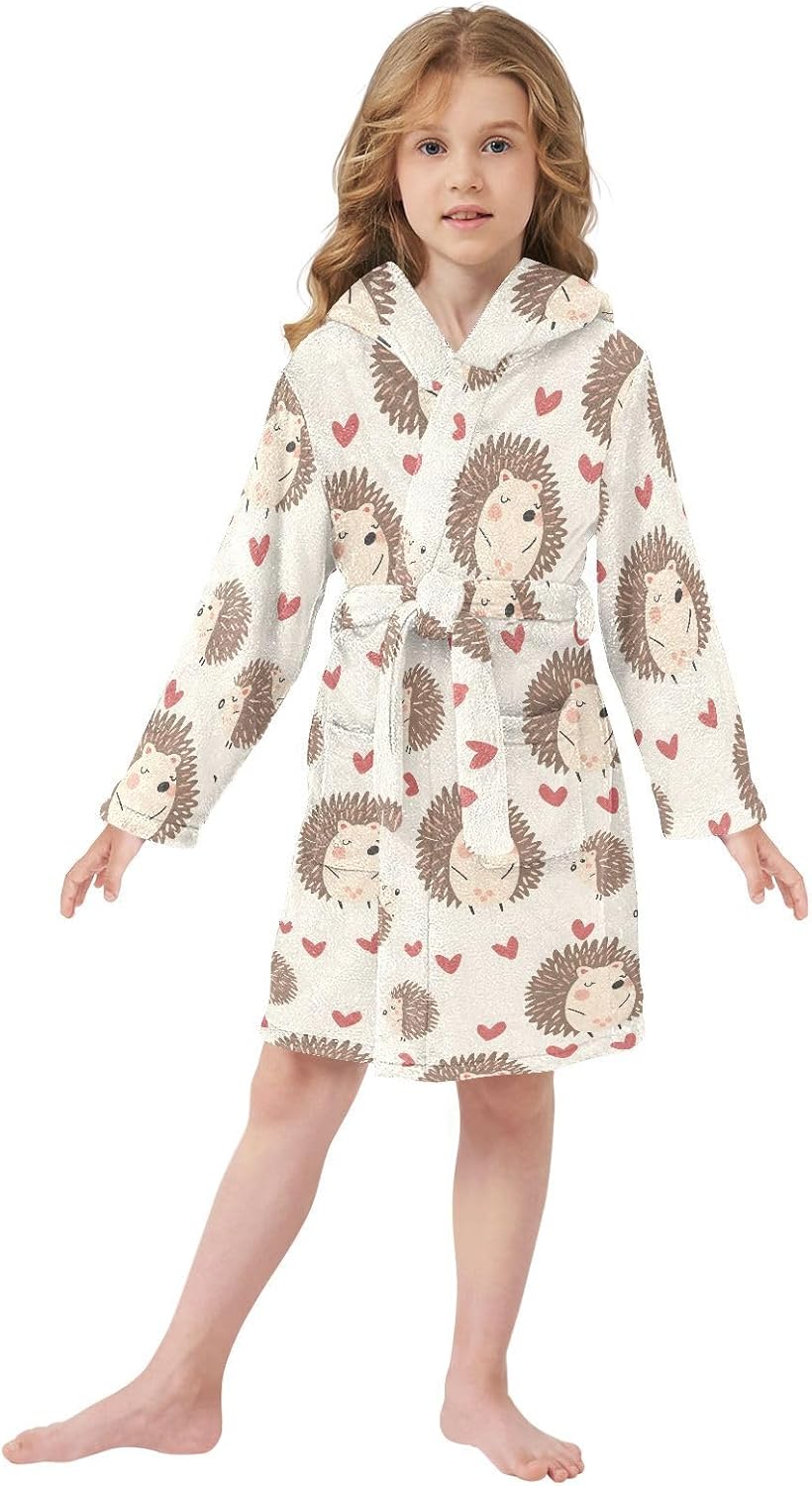 senya Hedgehog Love Toddler Hooded Bathrobe Kids Soft Plush Bath Towel Robes for Boys Girls 2-12 Years