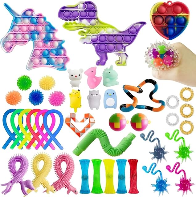 43 pcs Fidget Toys Pack, Tic Tok Sensory Toys for Kids, Push Bubble Pop Squishy Toys, Sensory Stress Balls for Adults and Pop It Heart, Anxiety Relief Toys for Children