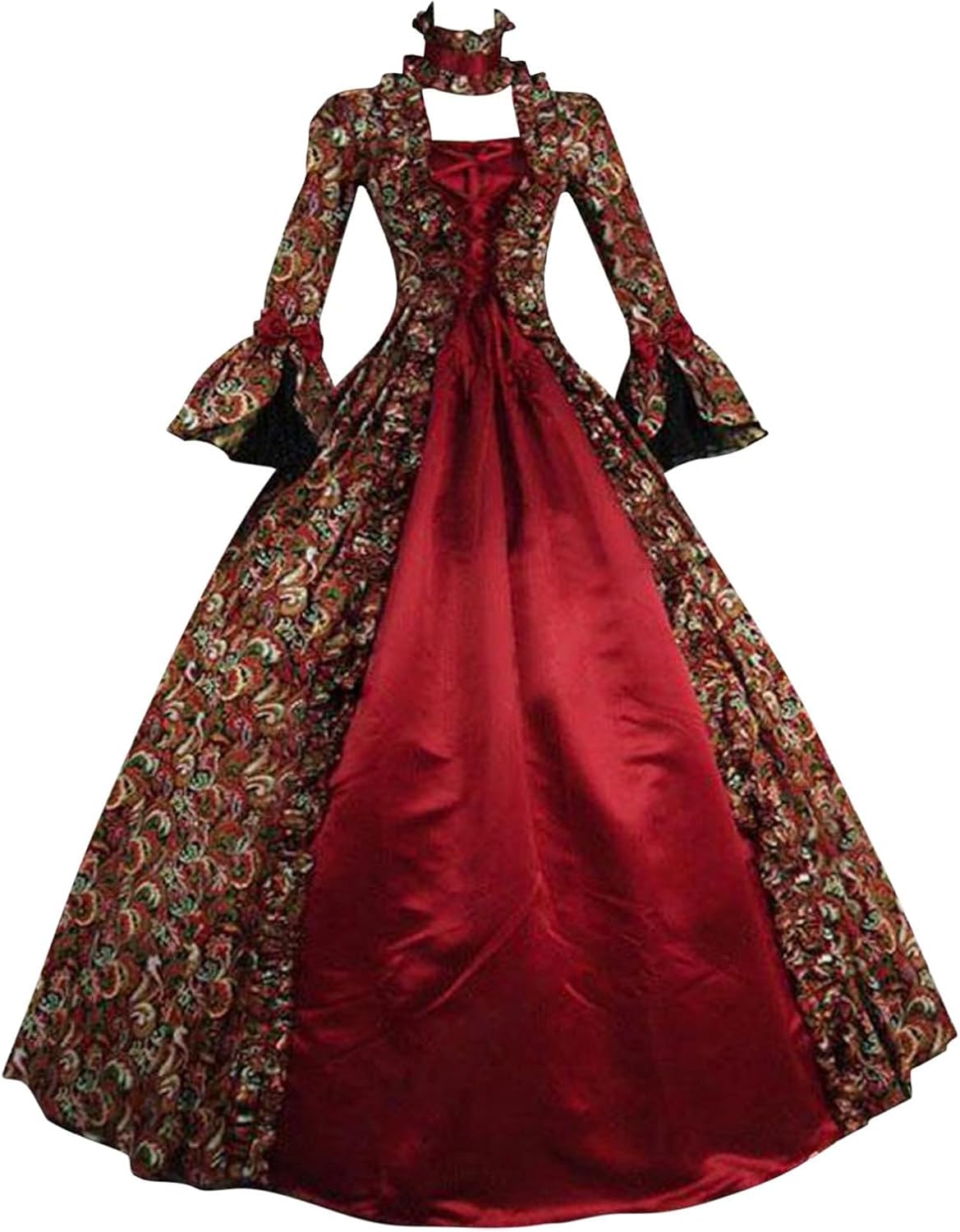 Renaissance Medieval Costume Women Halloween Dresses Patchwork Long Sleeve Ruffle Neck Plus Size Maxi