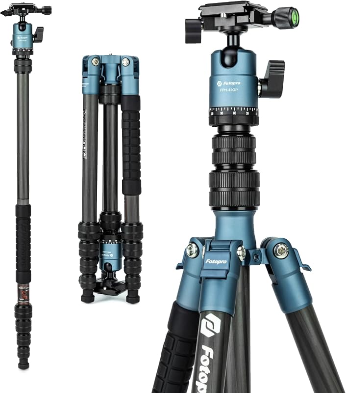 60" Carbon Fiber Camera Travel Tripod, 2lbs Super Lightweight Compact Tripod with 360° Metal Ball Head, Detachable Monopod, with Arca QR Plate & Bag, Load up to 8KG/17.63lbs, for SLR DSLR,Blue