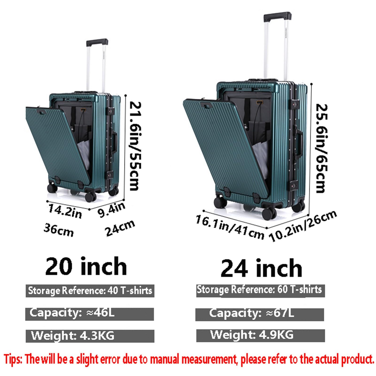 Equipaje de Mano con Bolsillo Frontal de 20"/24", Marco de Aluminio Laterales Rígidos, Maleta con Ruedas Giratorias y Cerradura TSA, con Puerto de Carga USB y Portavasos A,20inch