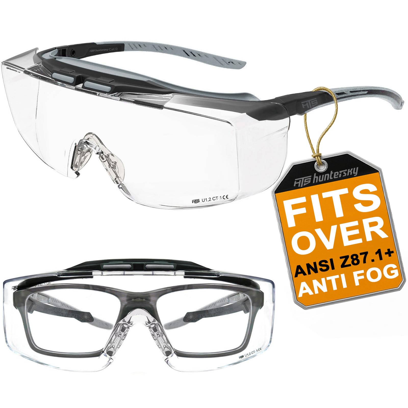 HTS HUNTERSKY ANSI Z87 Anti Fog Lab Safety Glasses Fit Over Eyeglasses Up to 1.88 inch 100% UV Protective Goggles