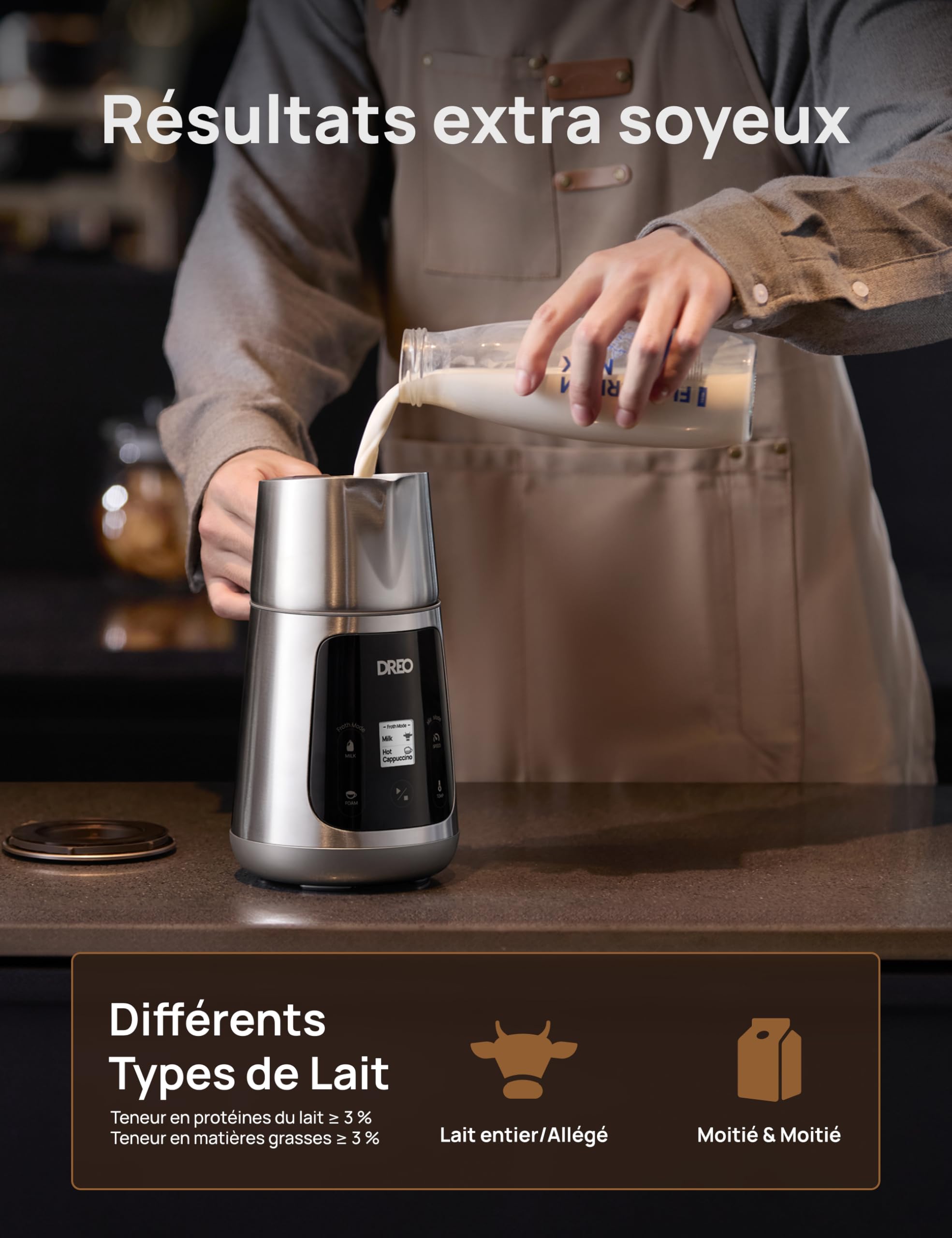 DREO Mousseur à Lait Électrique [Amélioré], Mousseur Automatique All-in-1 de 450ml pour Lait, Cappuccino, Chocolat Chaud, Plus de 30 Boissons, Facile à Nettoyer, Lavable au Lave-vaisselle, Écran LED