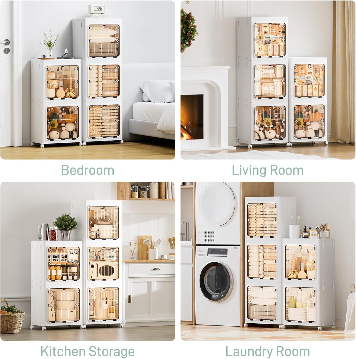 JEKO&JEKO 315 Qt Expanded Bathroom Storage Cabinet, 3-Tier Tall Cabinet Organizer with Wheels, Foldable Plastic Storage Bin for Kitchen, Laundry Room or Home, White